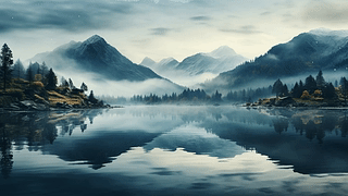 山峰倒映在宁静的水面上/mountain peak reflects serene water