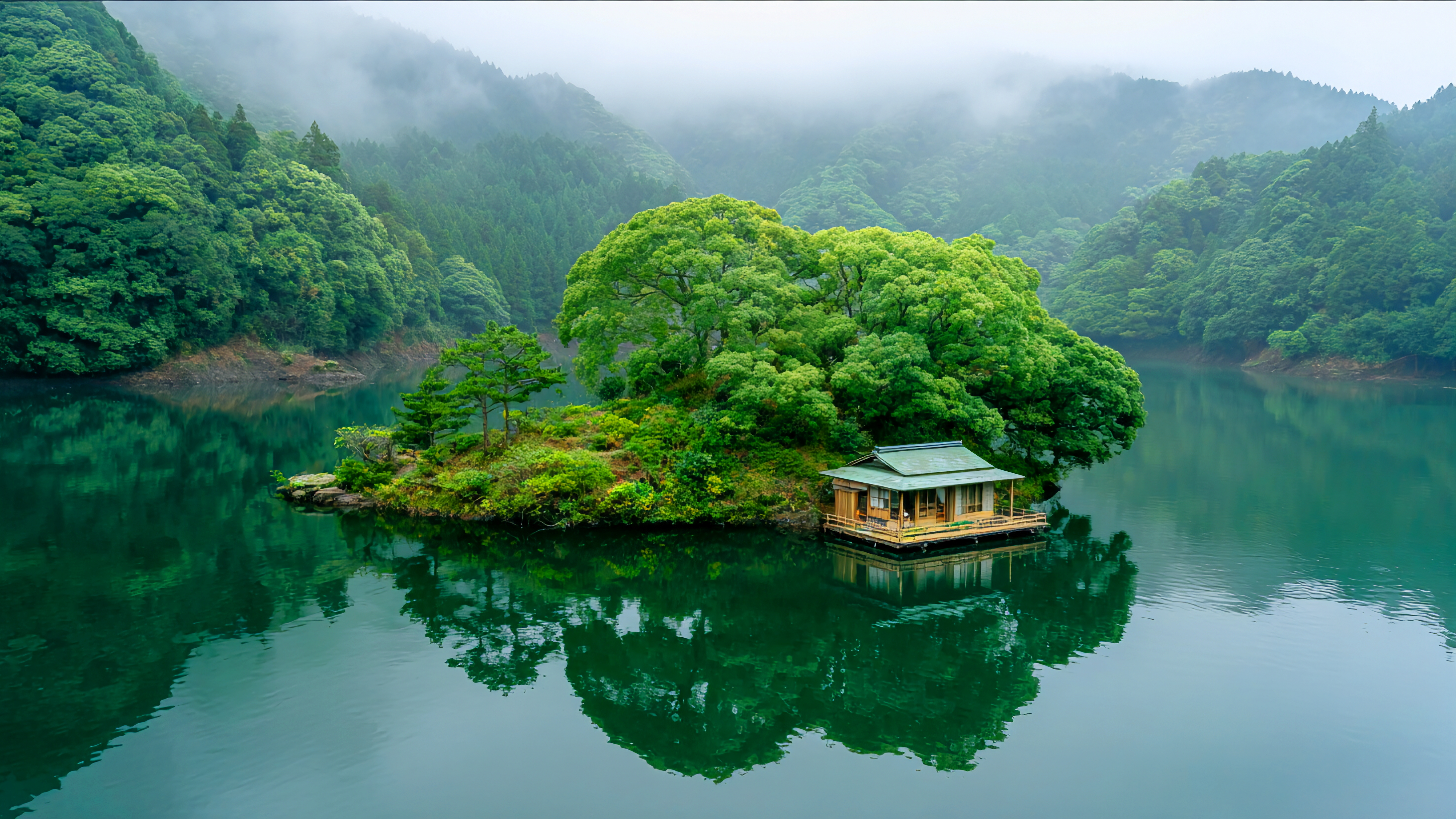 山水湖泊小屋美丽风景