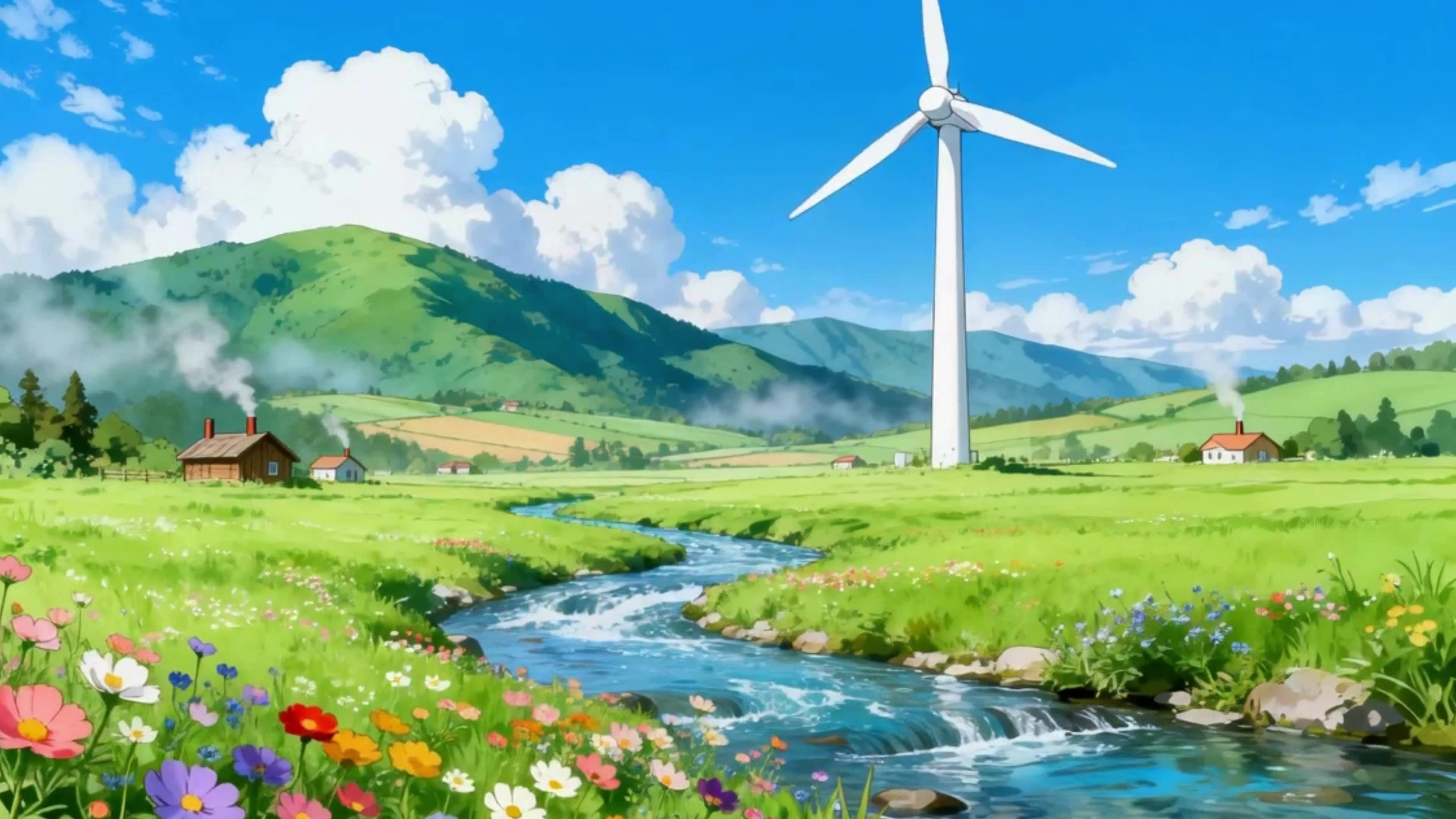 山川流水小屋风车风景插画