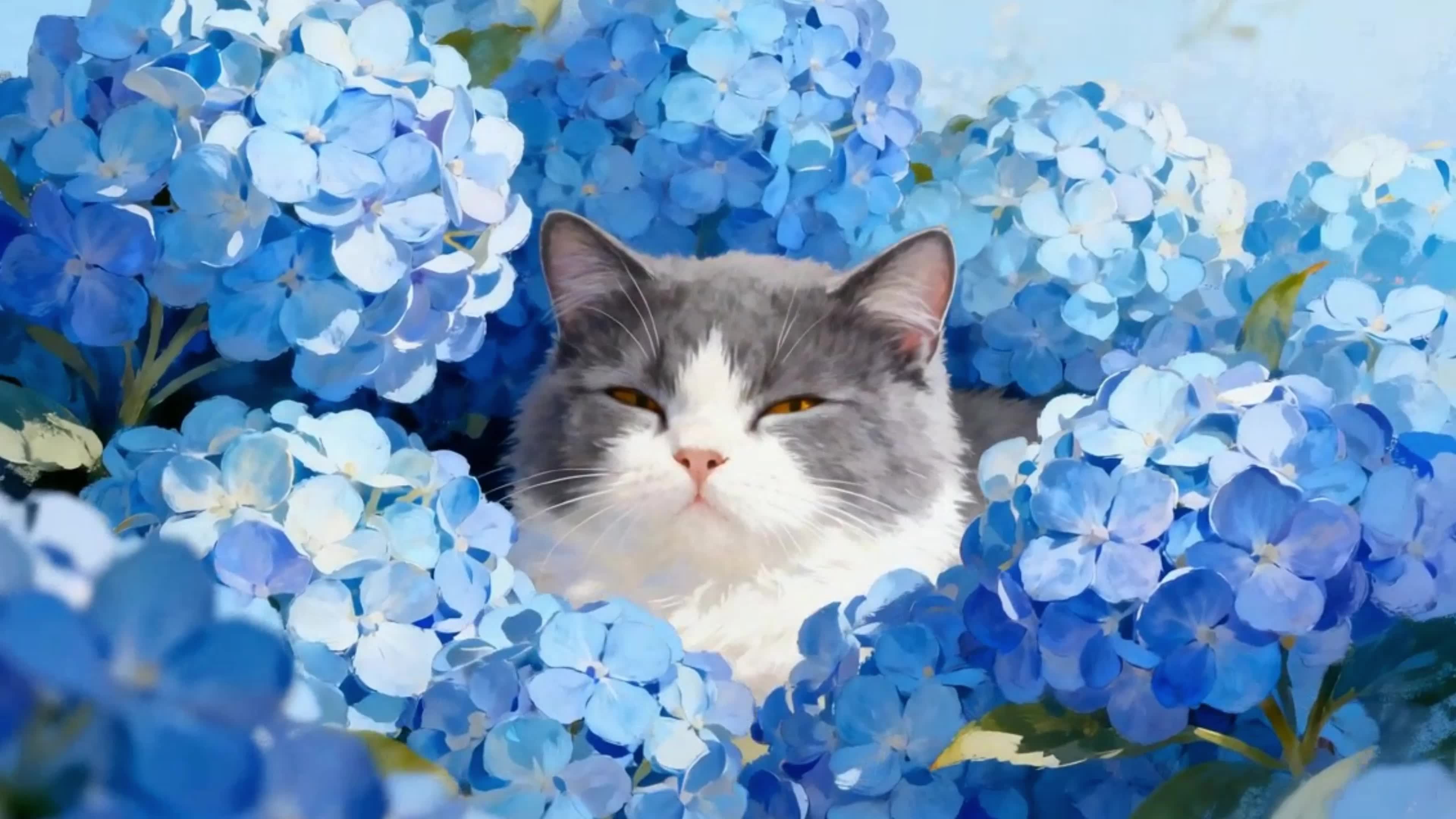 绣球花丛中的猫咪