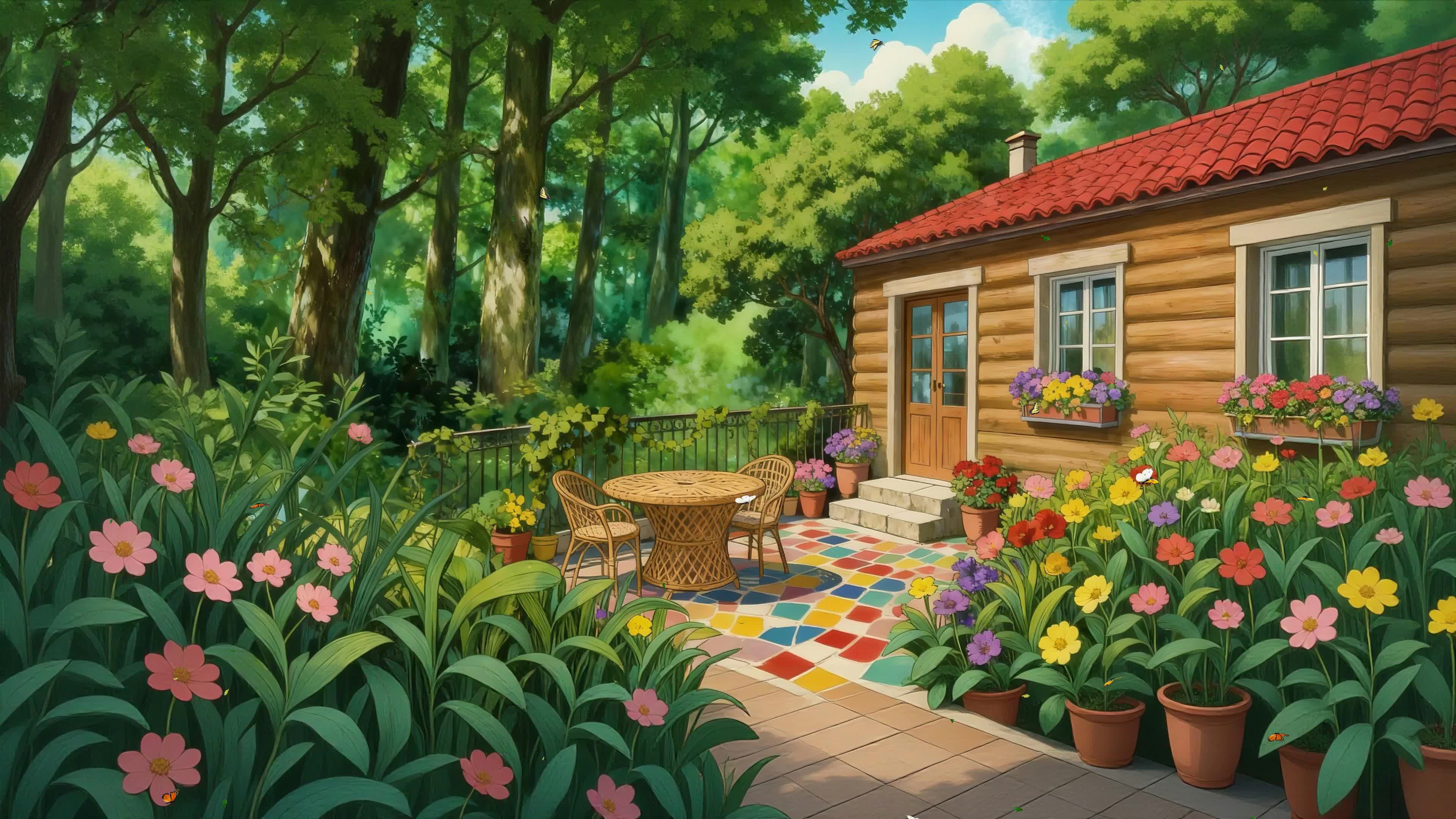 蓝天白云树木房屋绿景