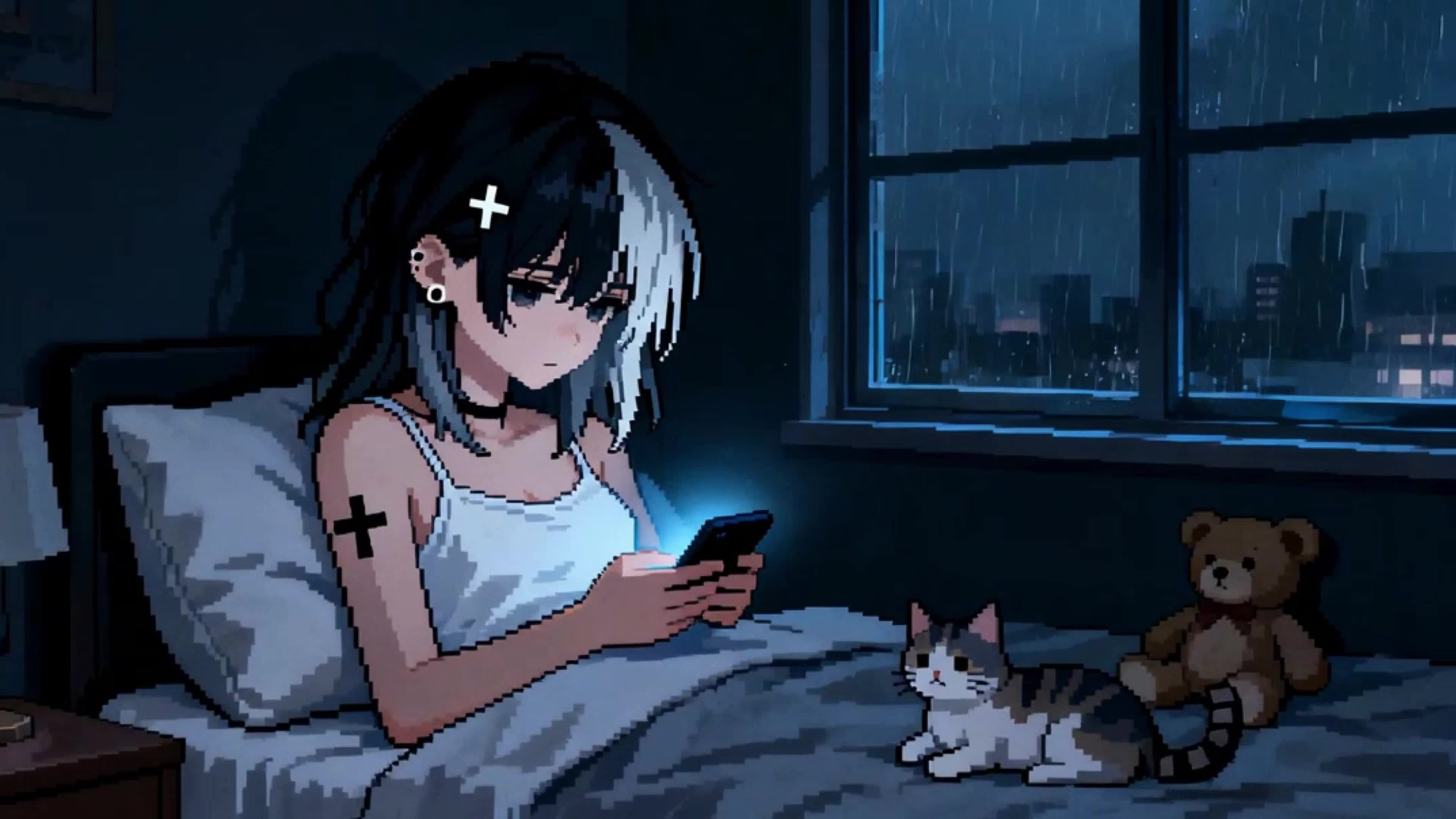 像素风插画玩手机的少女
