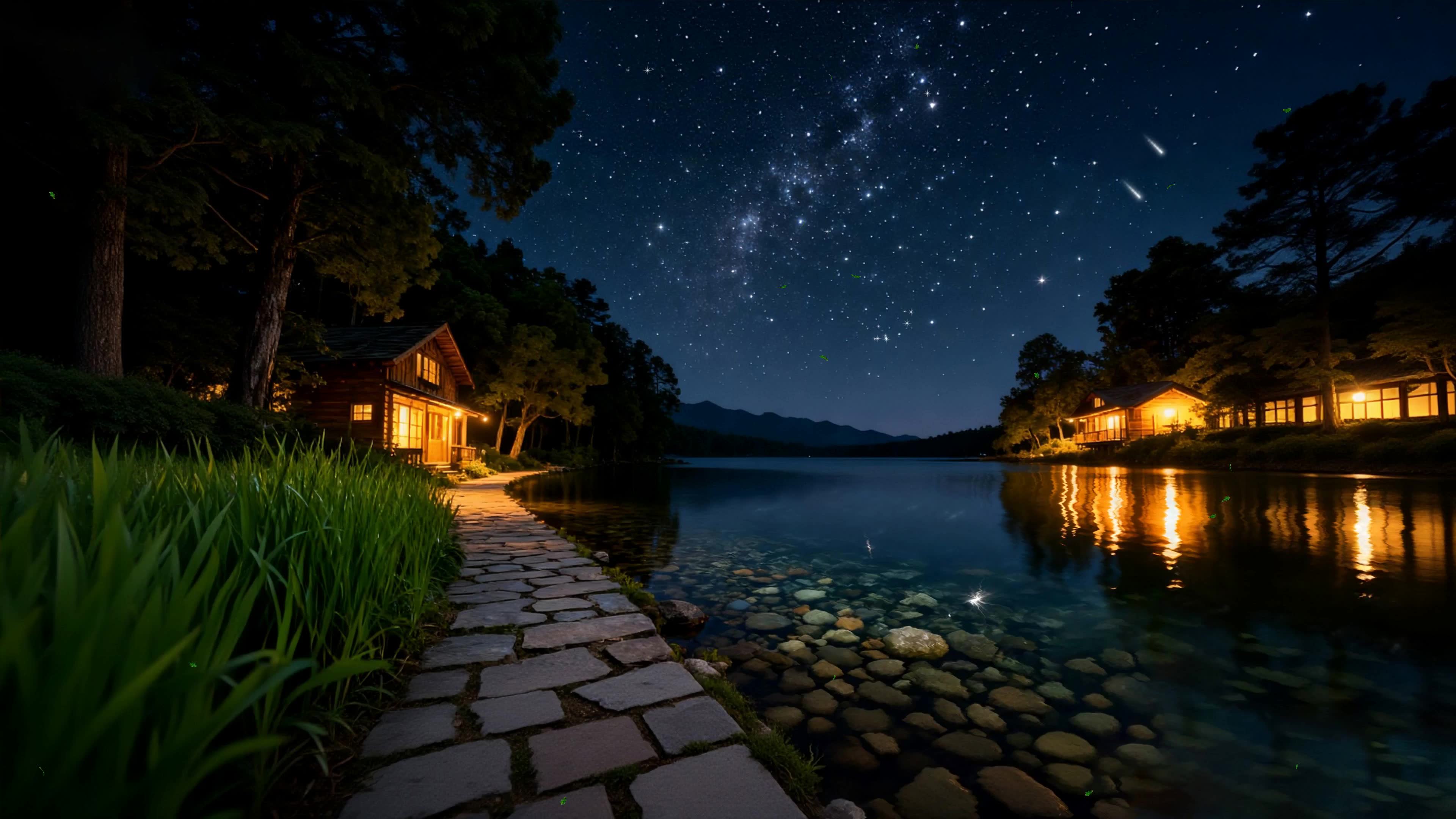 夜景树木河流