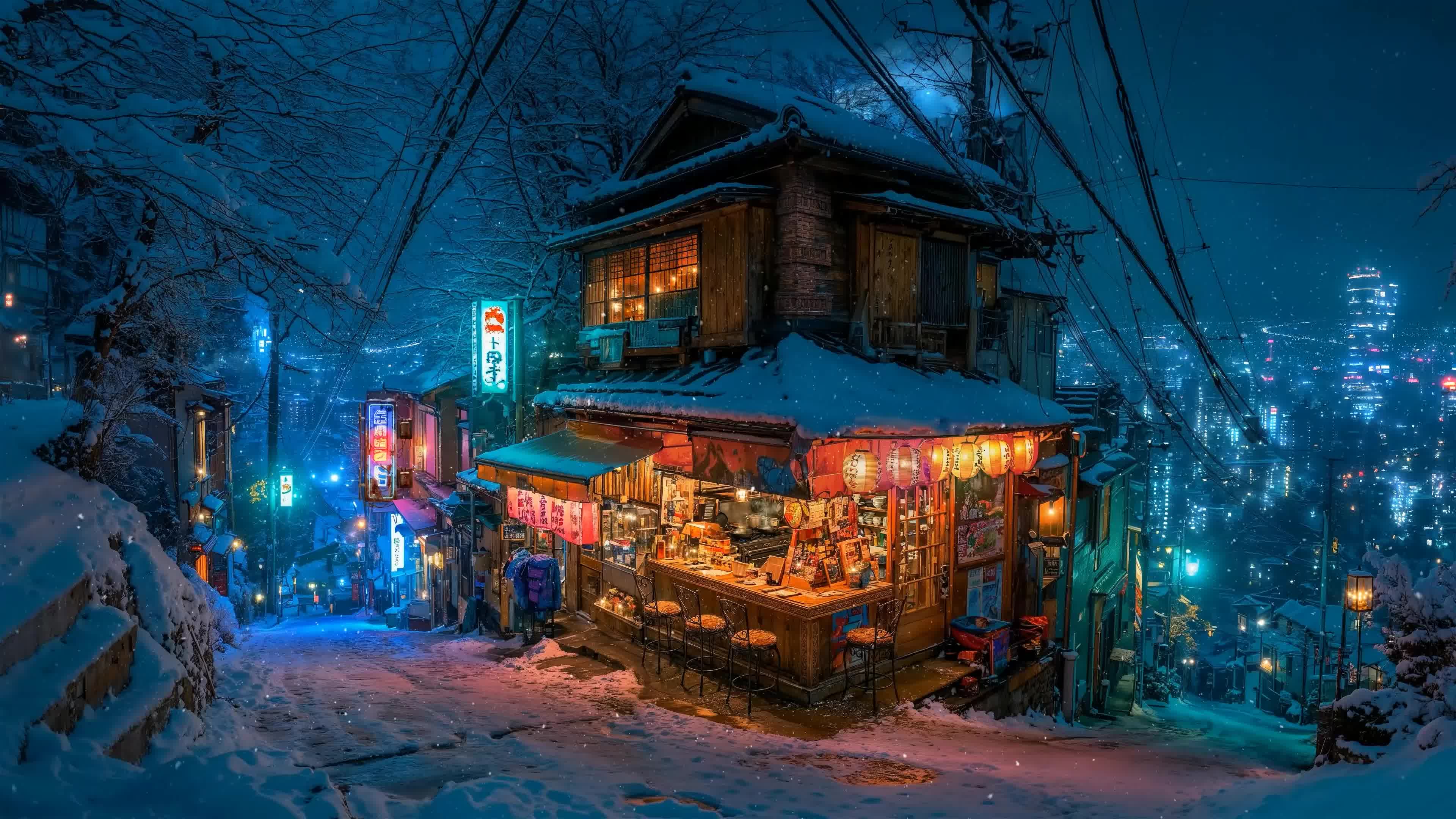 冬雪酒馆夜景