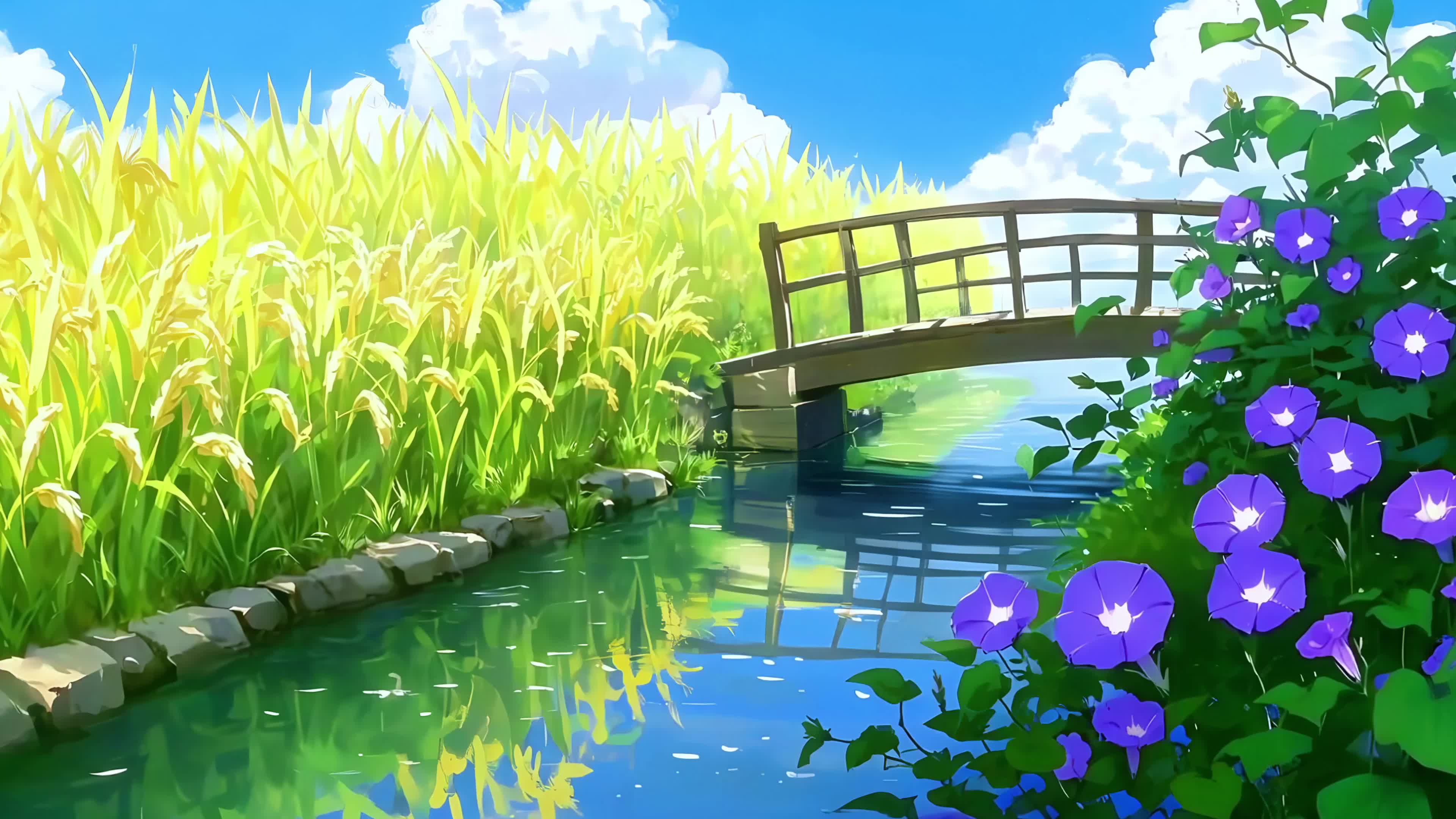 稻田间的小河流
