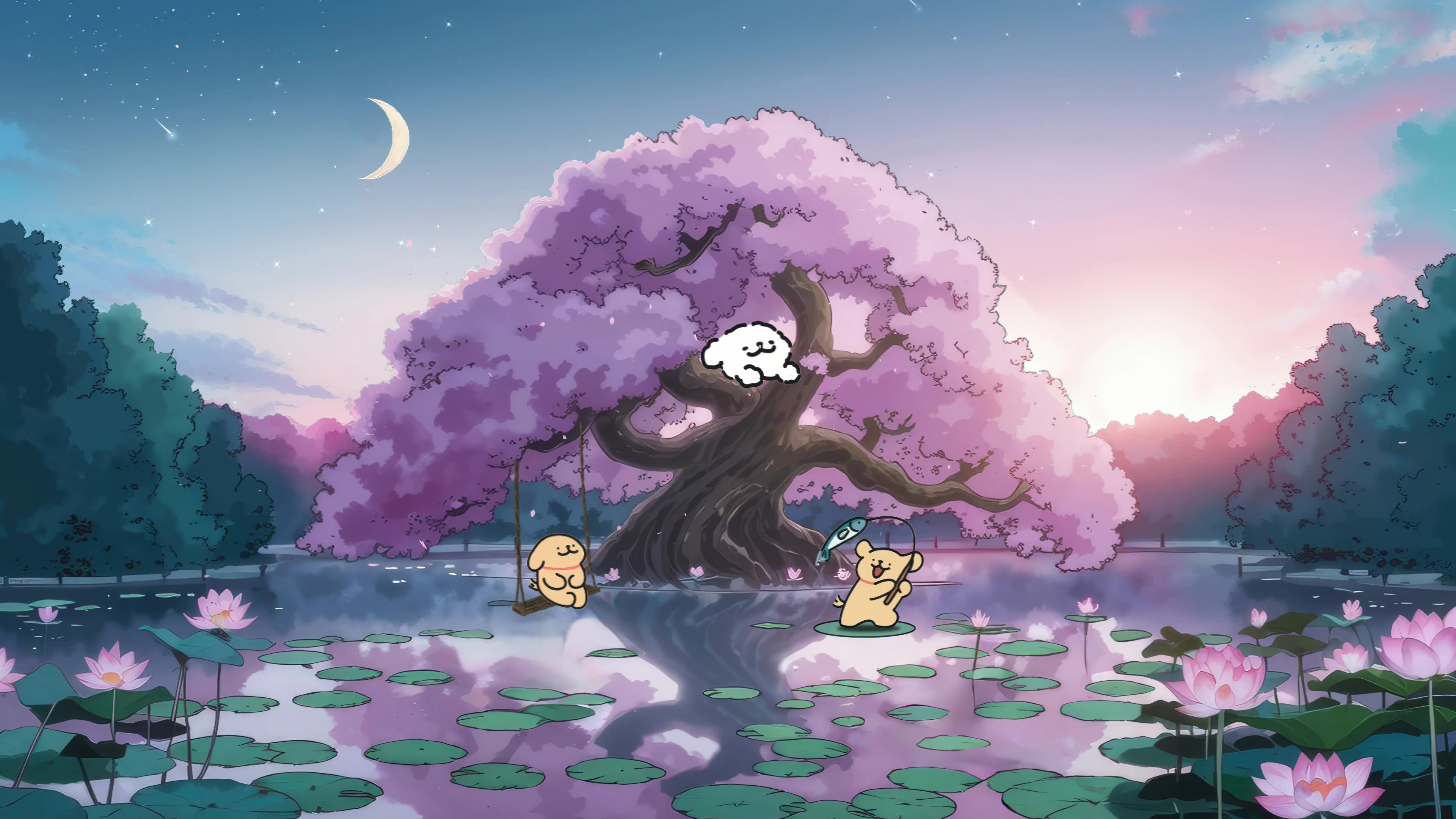 可爱樱花荷塘线条小狗