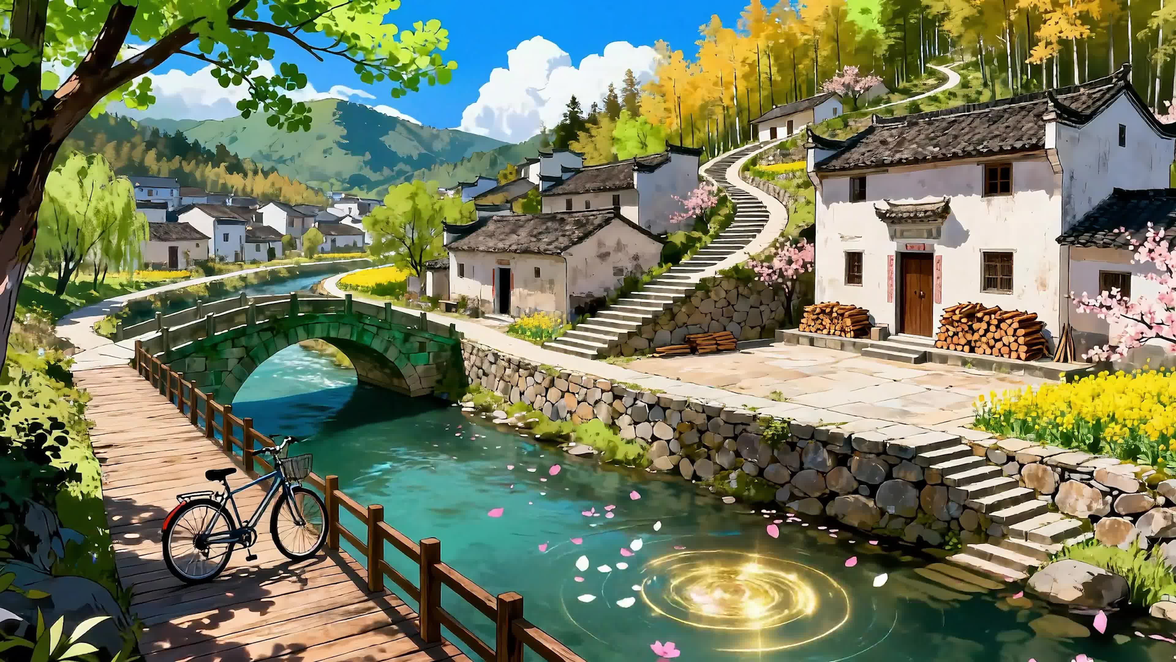 护眼蓝天白云树木河流