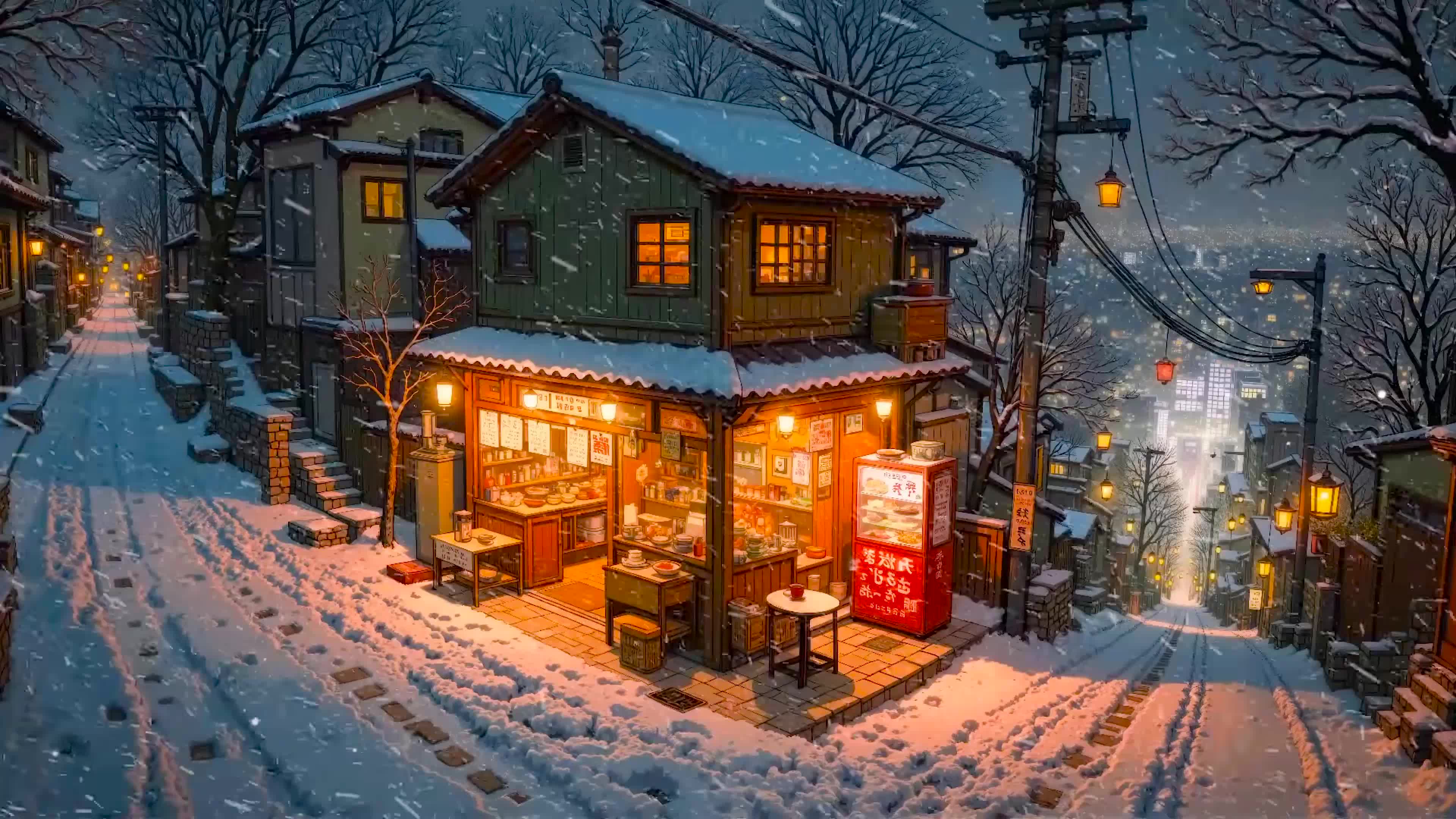 冬雪夜晚街角店铺