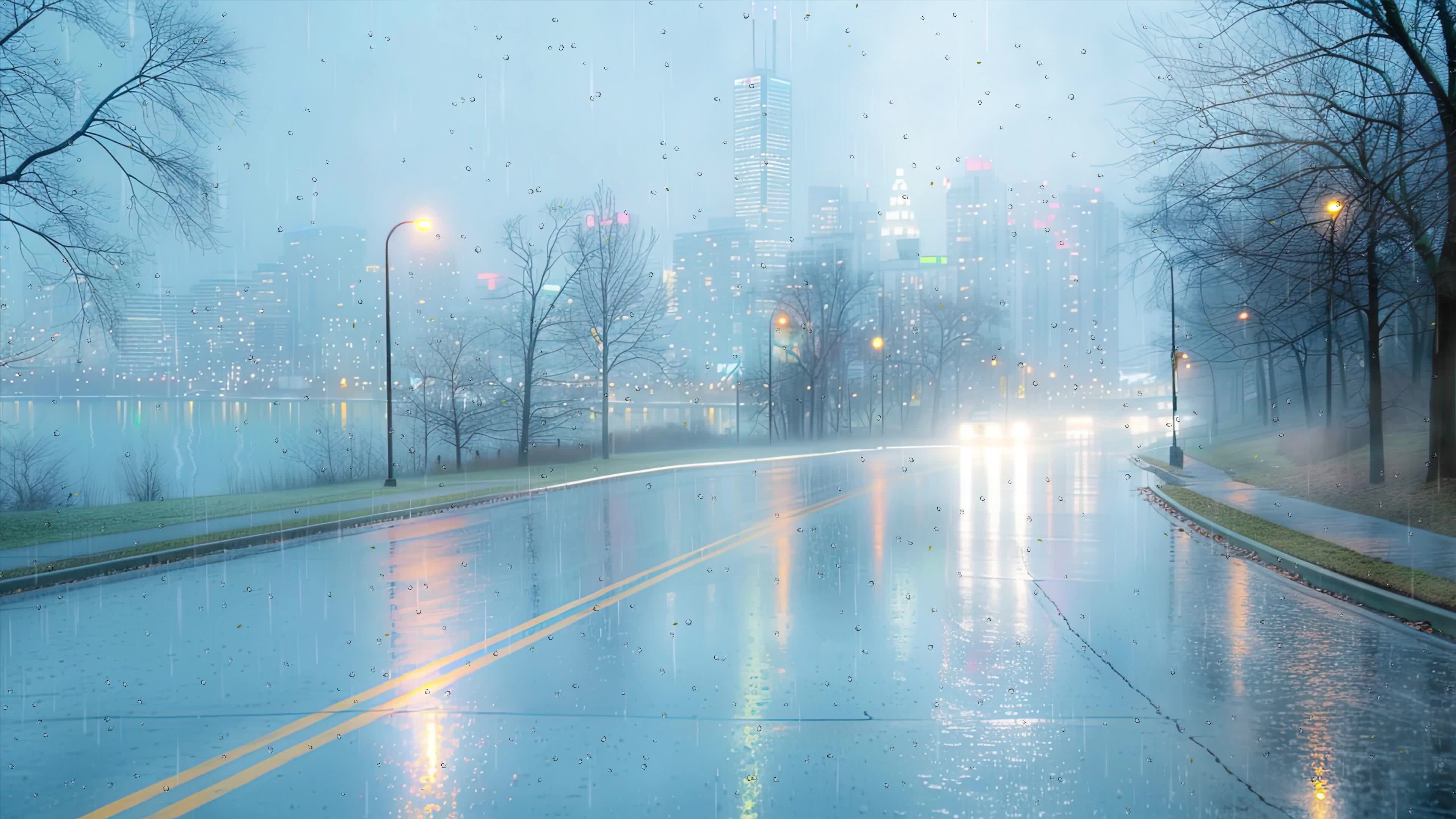 城市雨天公路雨滴