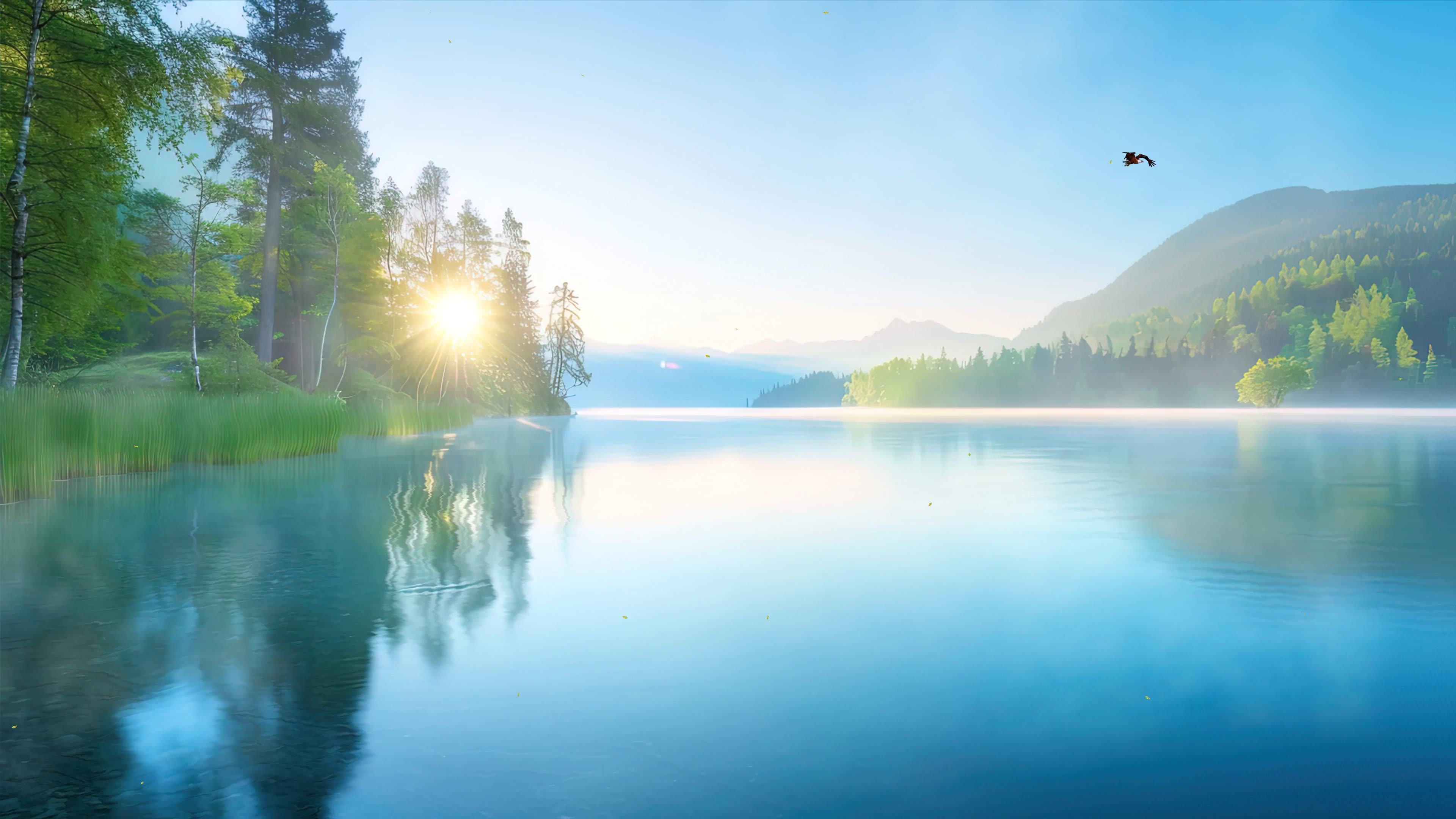 湖面树木护眼绿景