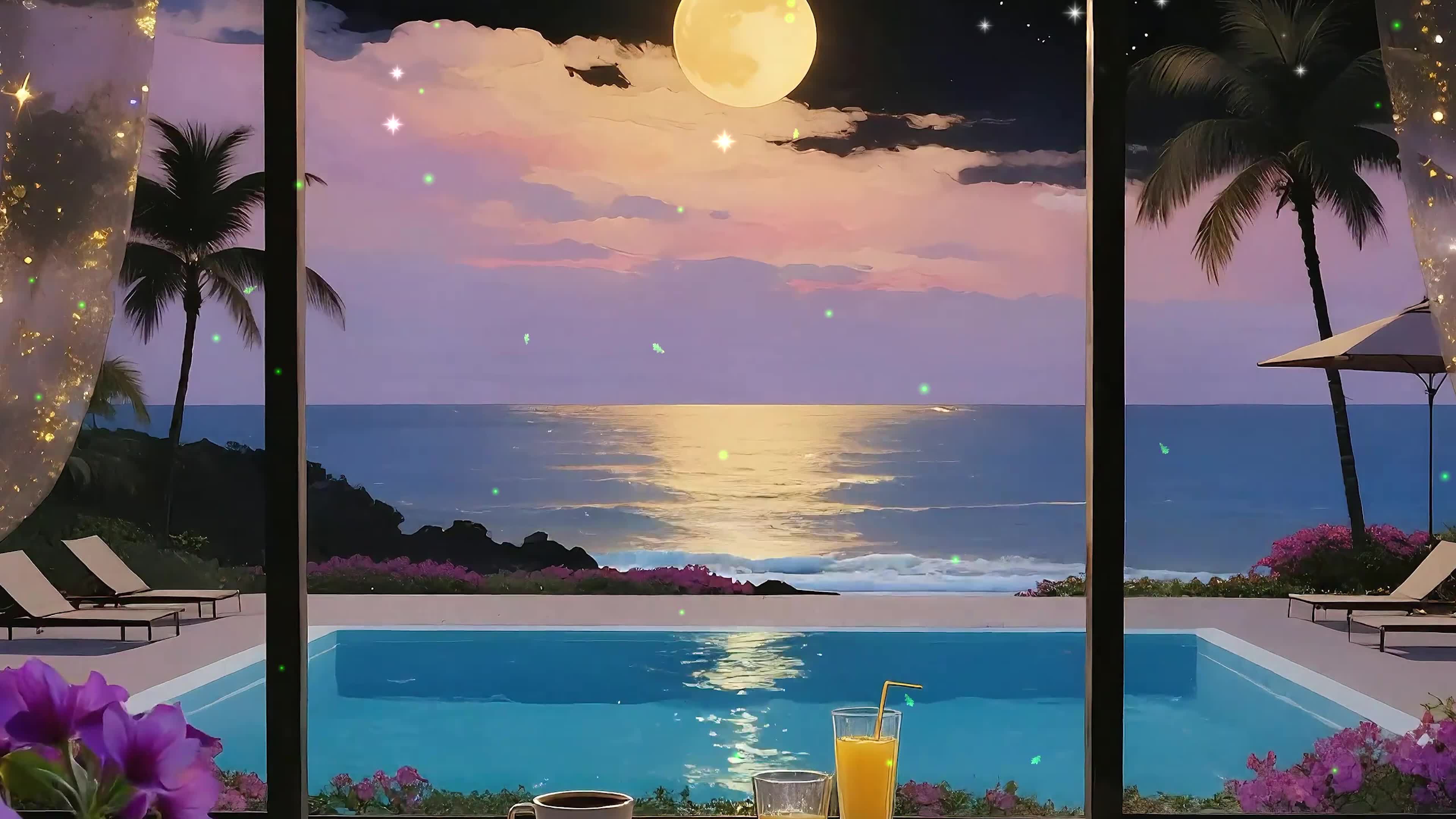 唯美治愈夜景海景树木