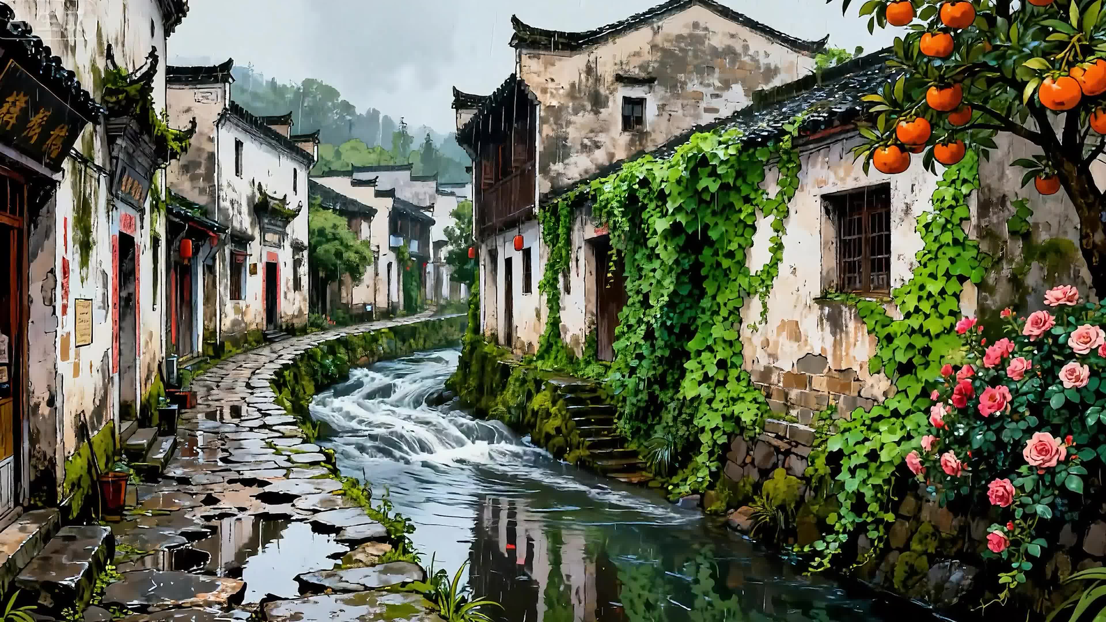 雨天河流房屋树木绿景