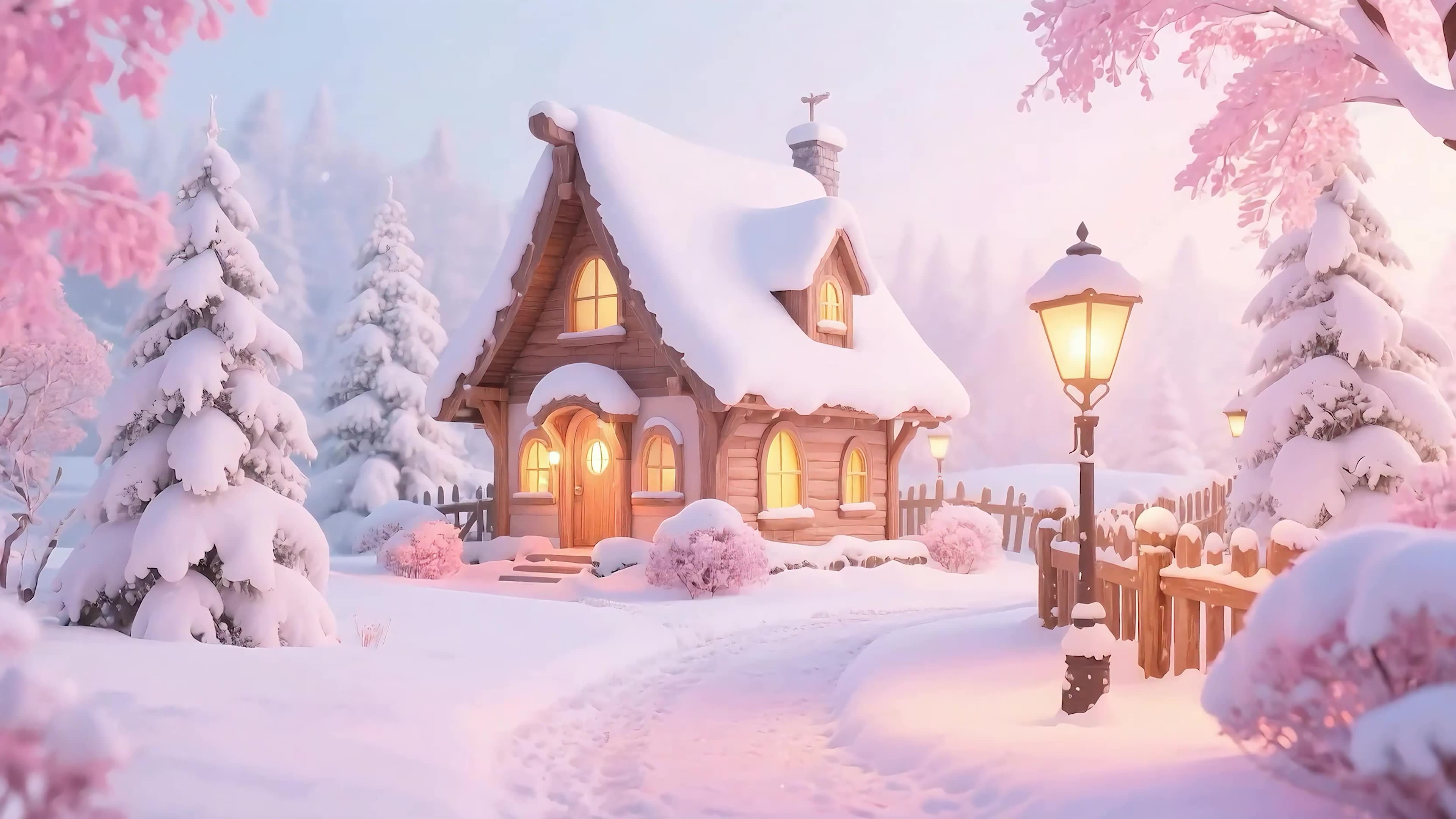 治愈雪景树木房屋