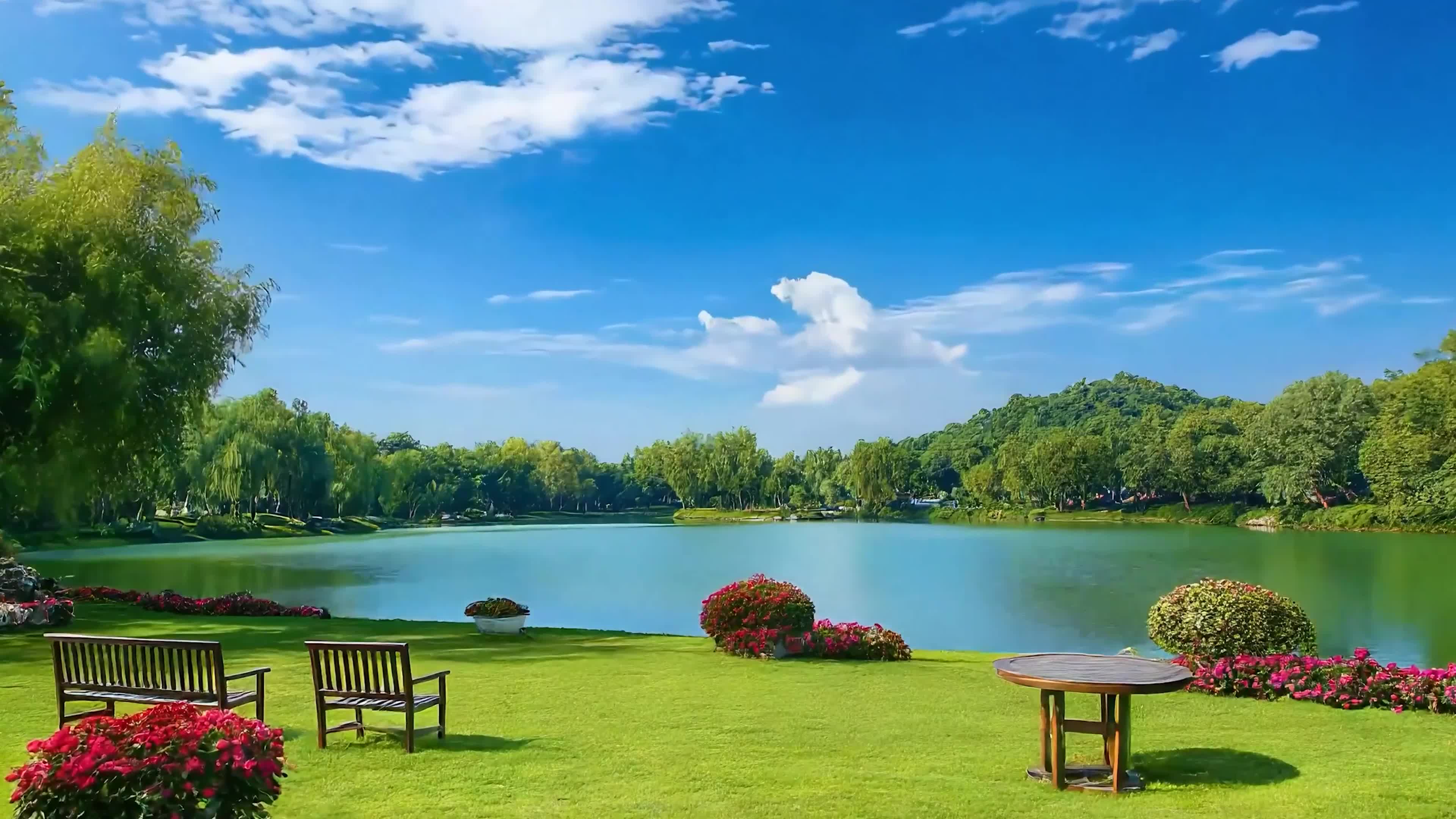 护眼蓝天白云树木河流绿景