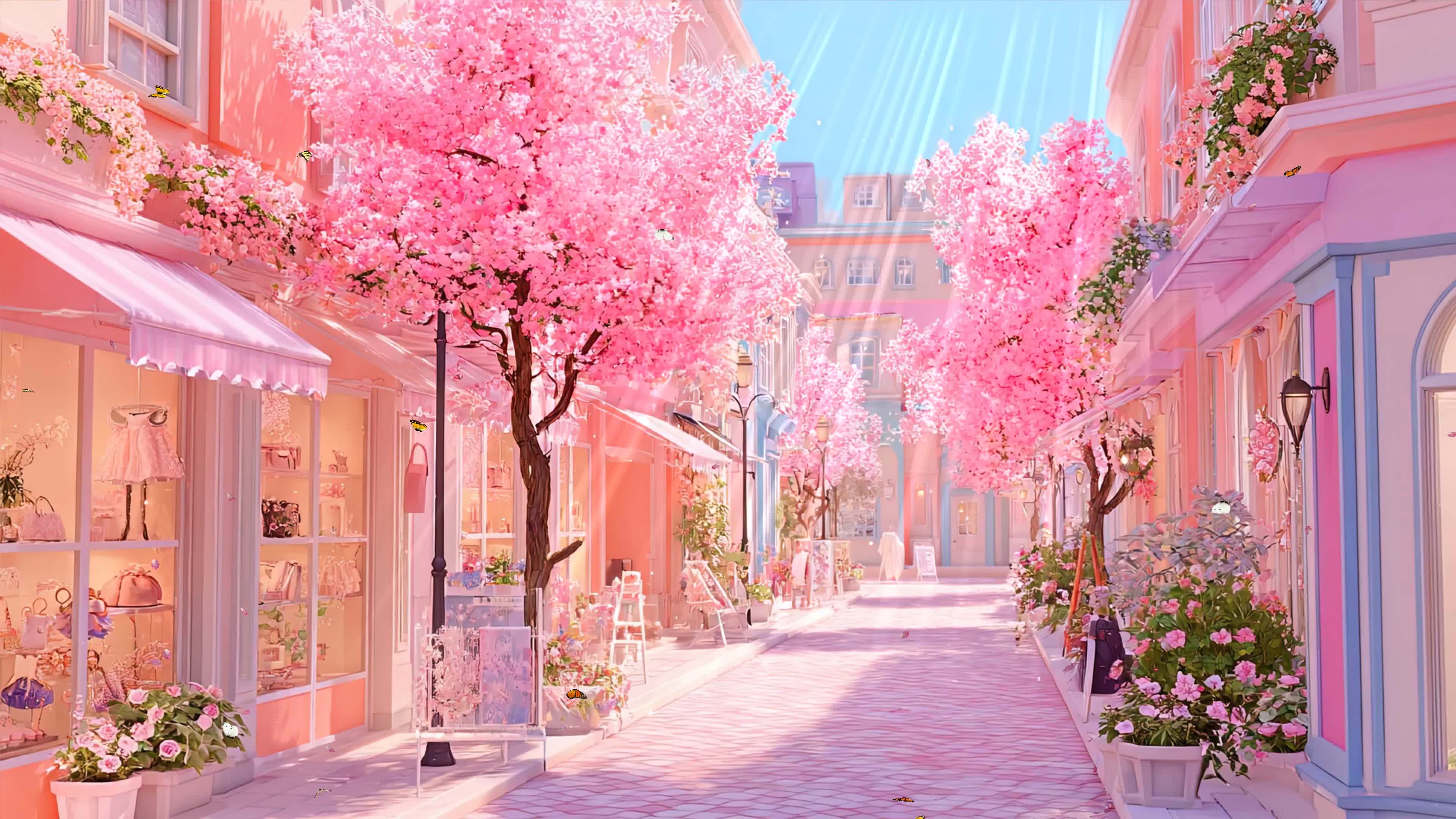 护眼樱花树木街道景色