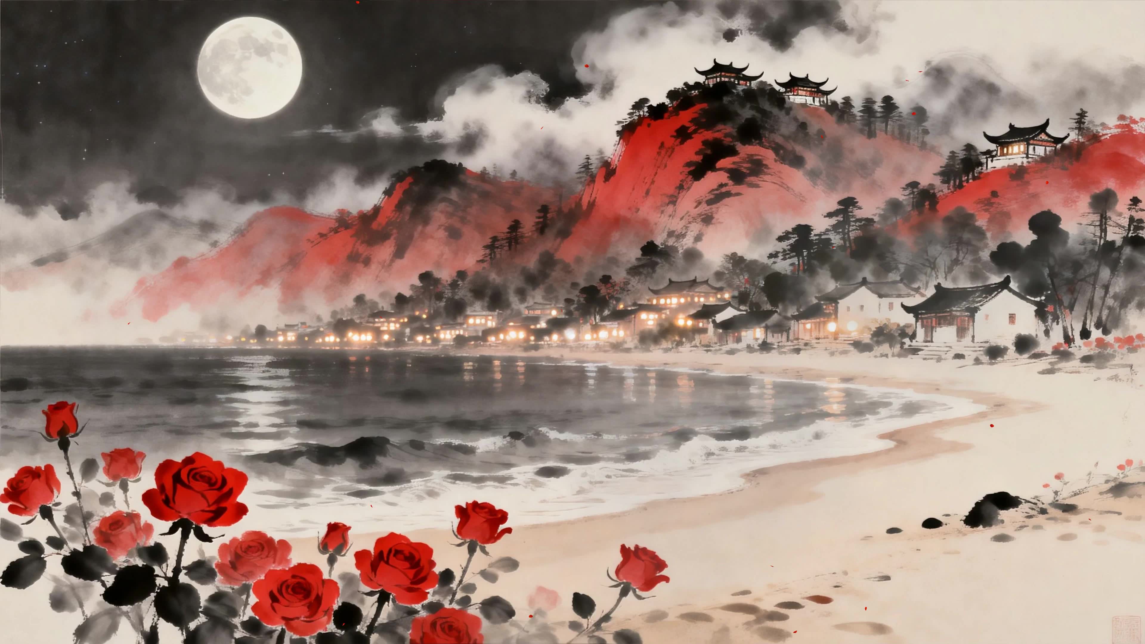 古风夜景树木楼庭海景
