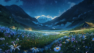 护眼绿景树木房屋星空景色