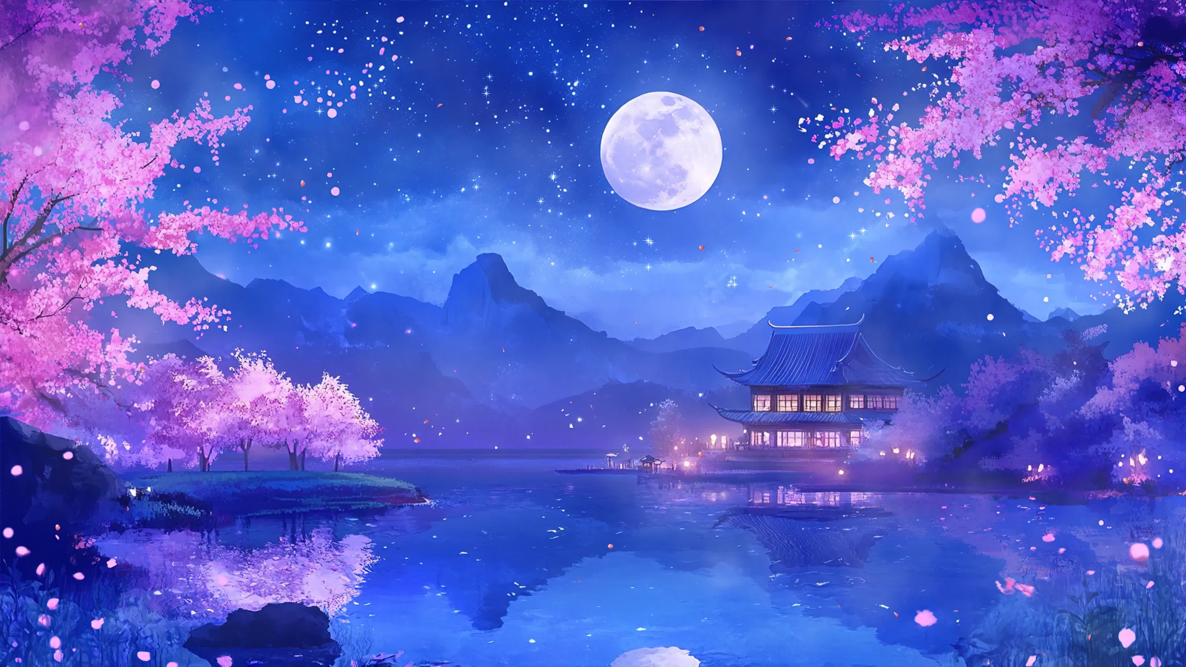 古风樱花树木夜景