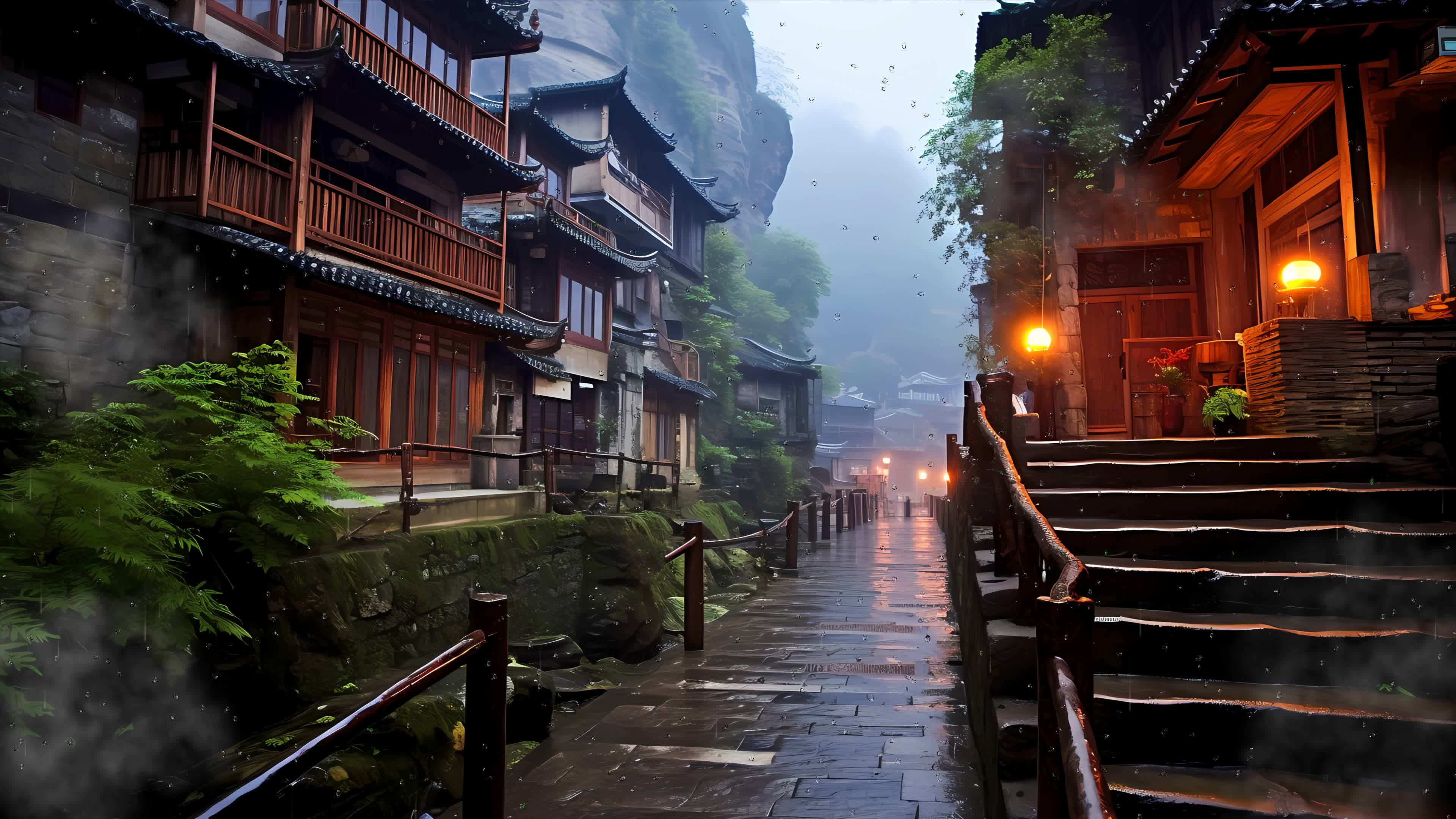 古风雨天树木房屋
