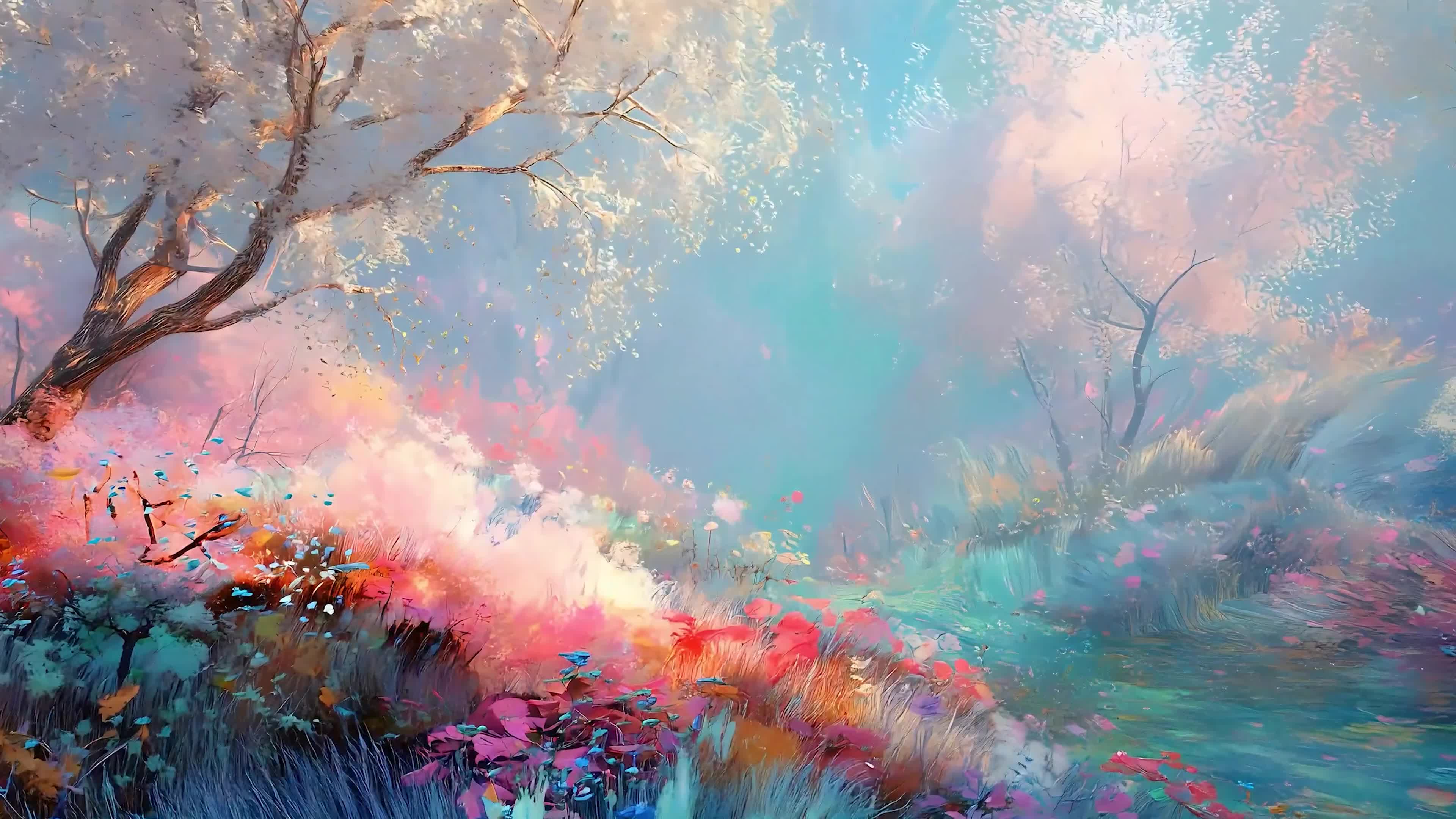 护眼樱花树木河流