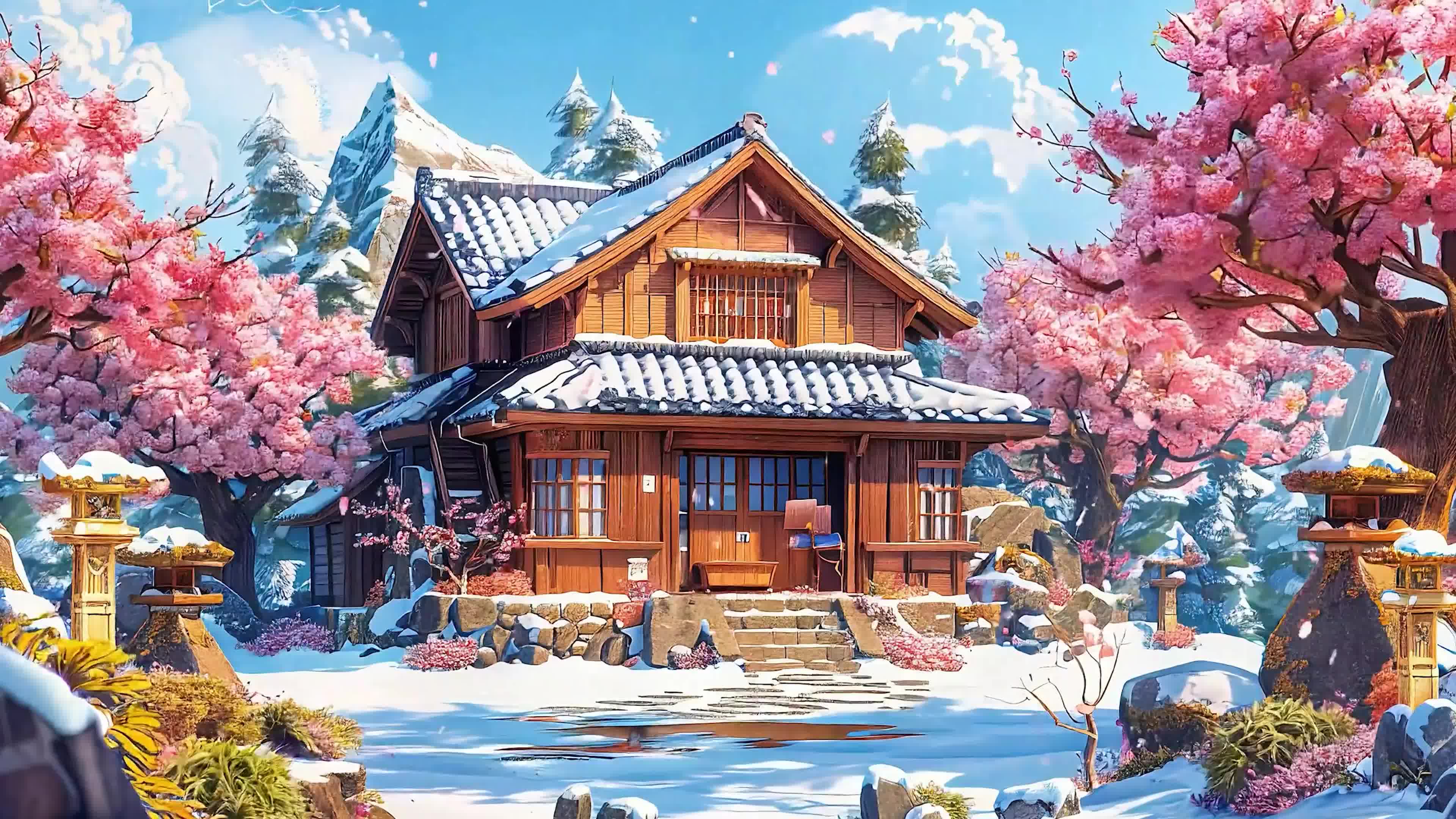 蓝天白云樱花树木雪景