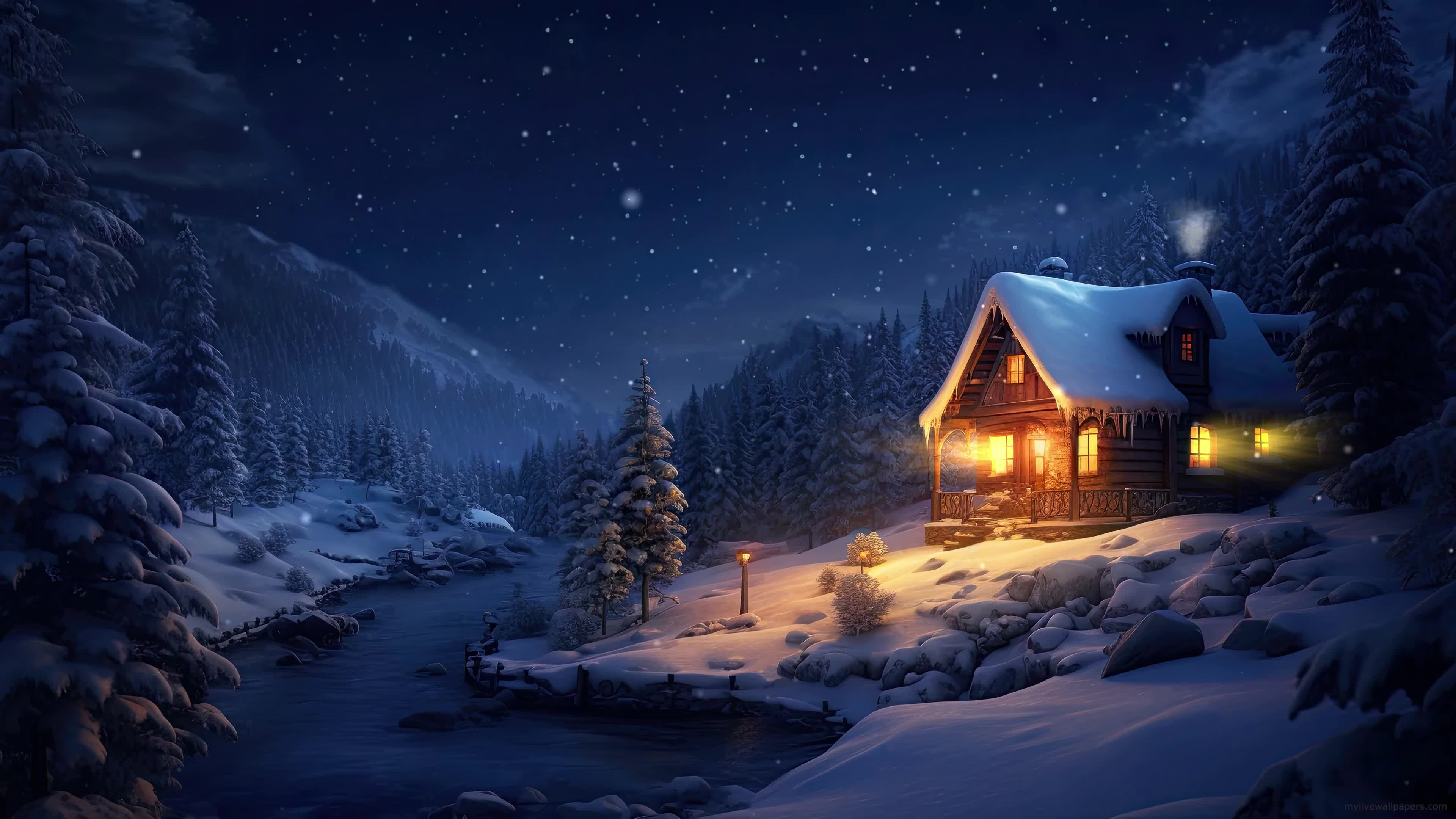 雪夜林间小屋 - 4K