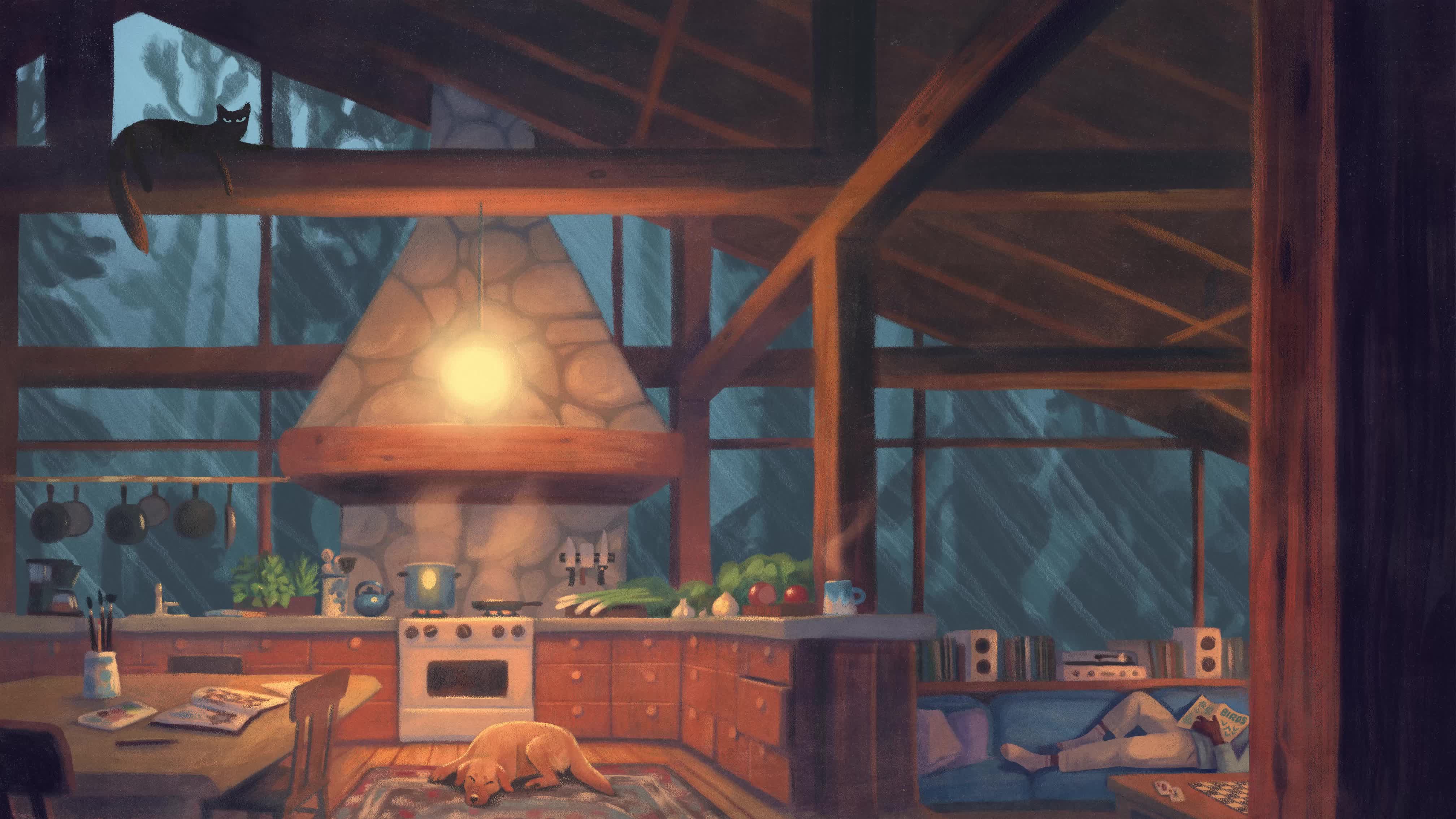 雨夜温馨小屋 (动态壁纸)