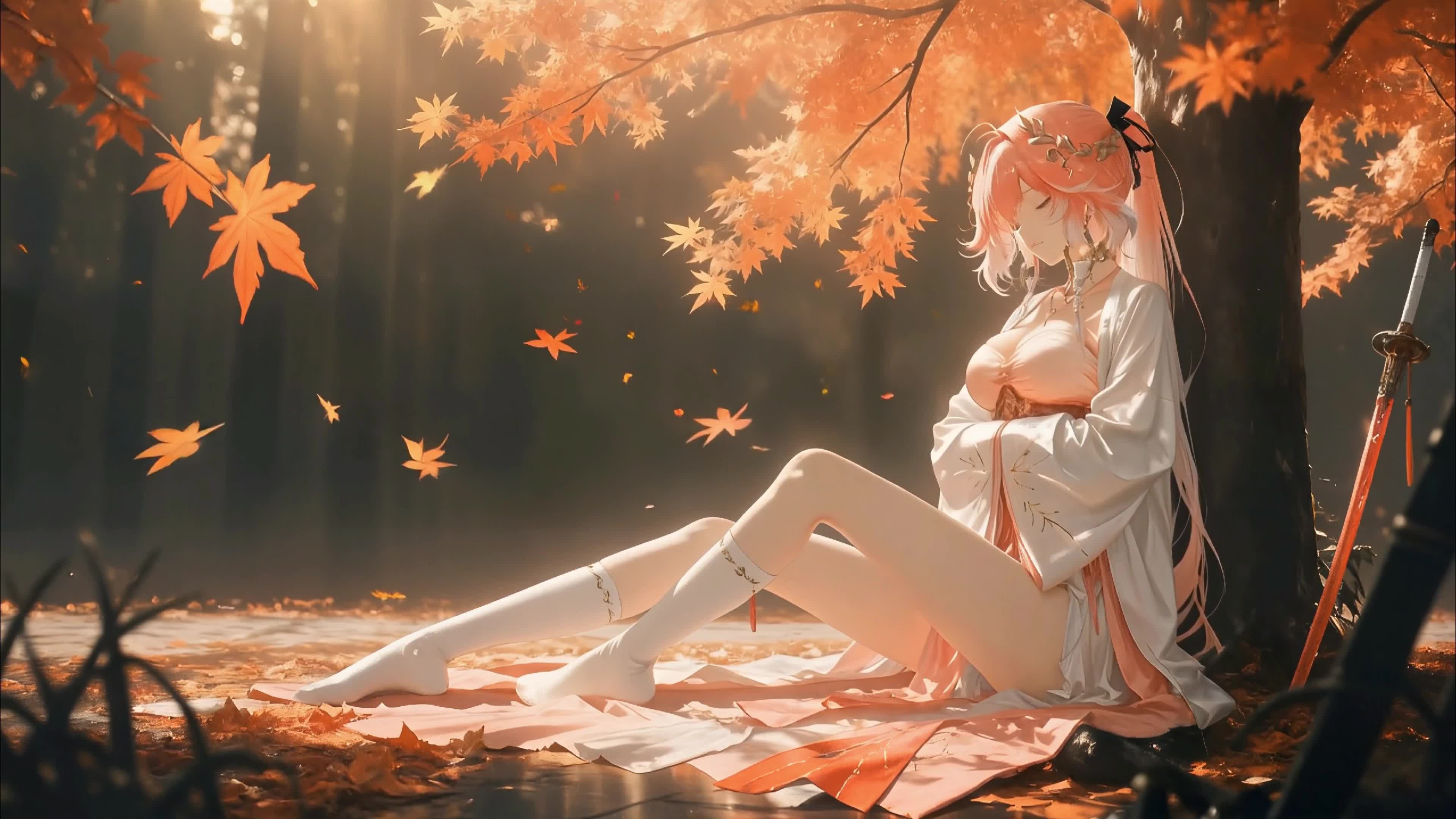 秋日武士少女小憩 [4k壁纸]
