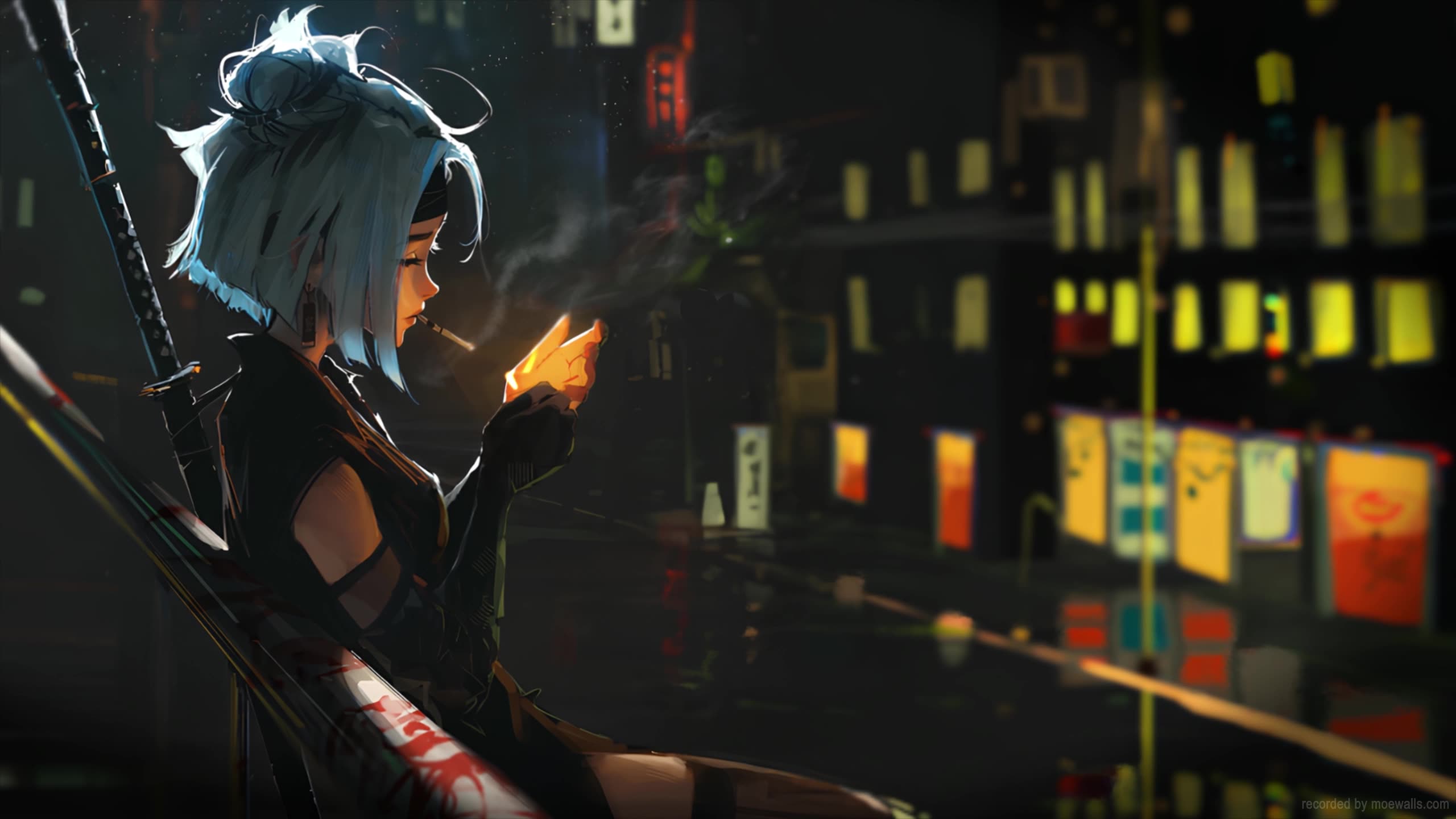 武士少女吸烟 [4k壁纸]