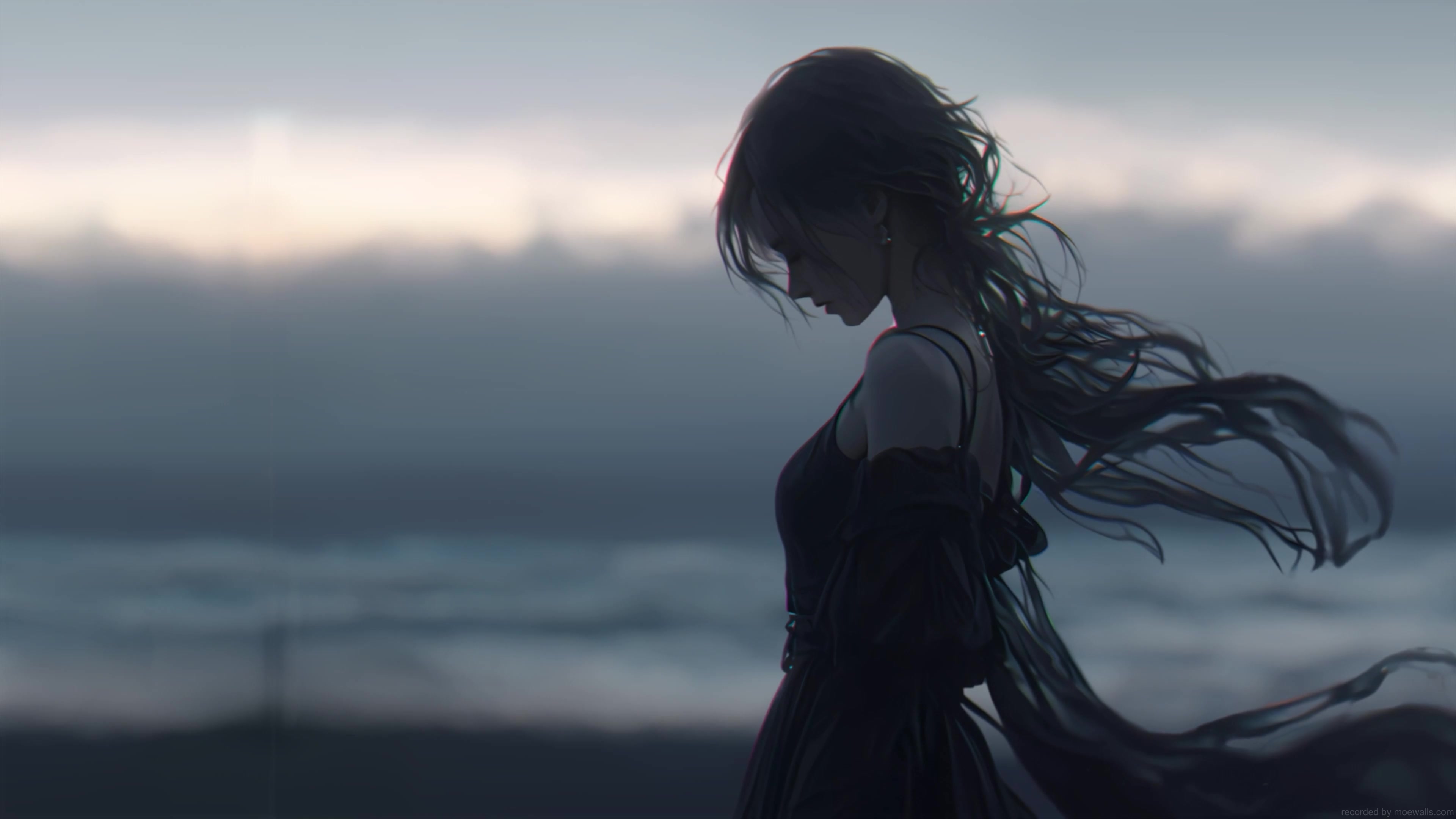 海滩边的孤独少女 [4k壁纸]