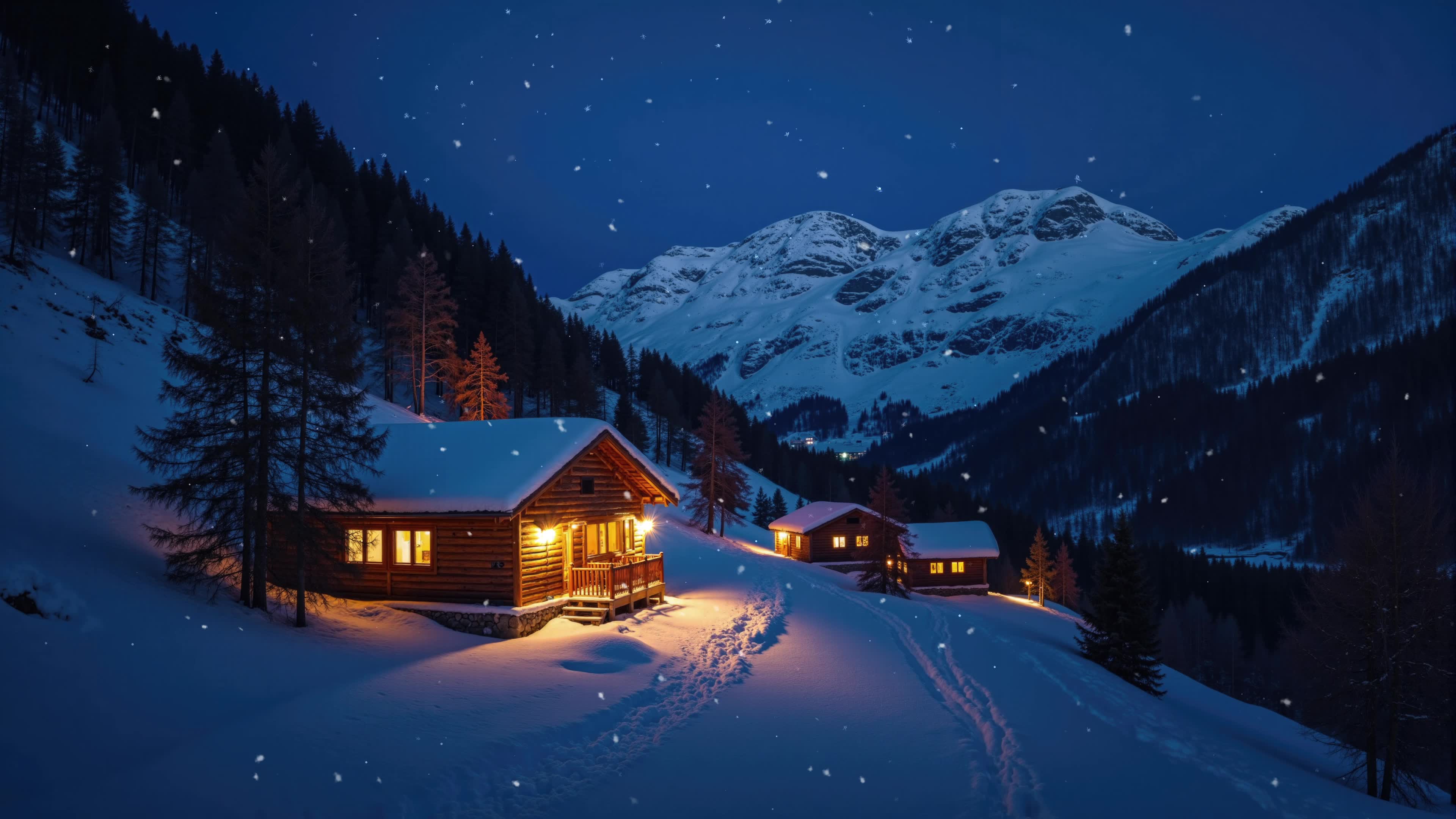 雪夜山间木屋