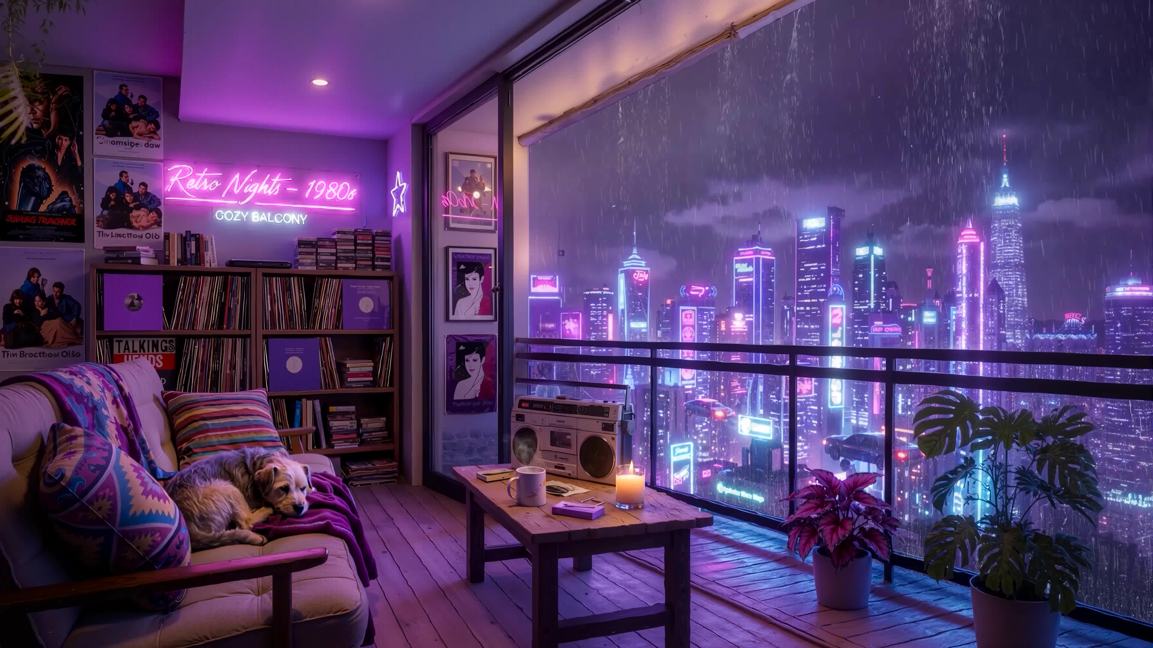 霓虹雨夜城市夜景房间