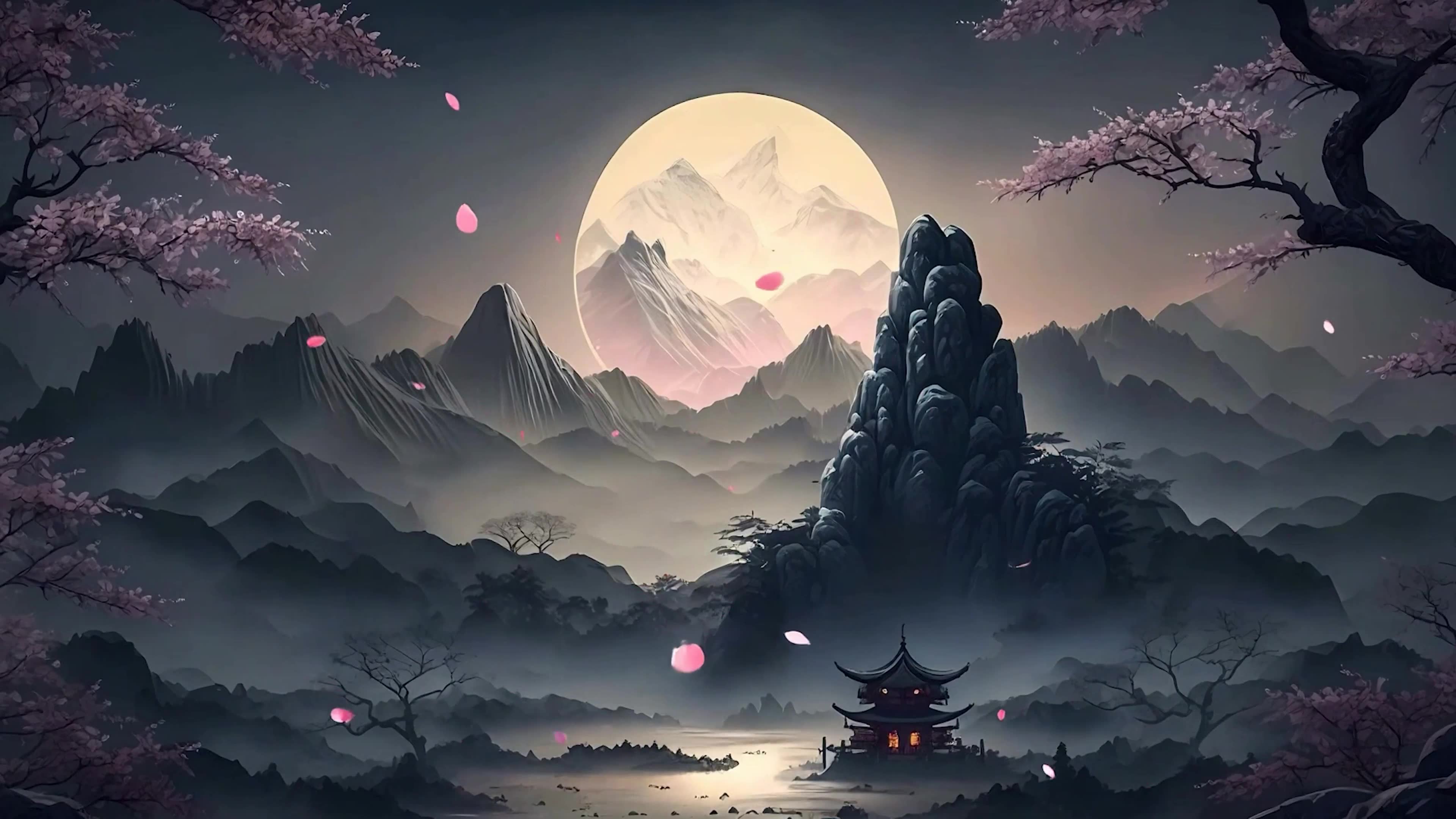 古风樱花树木夜景河流