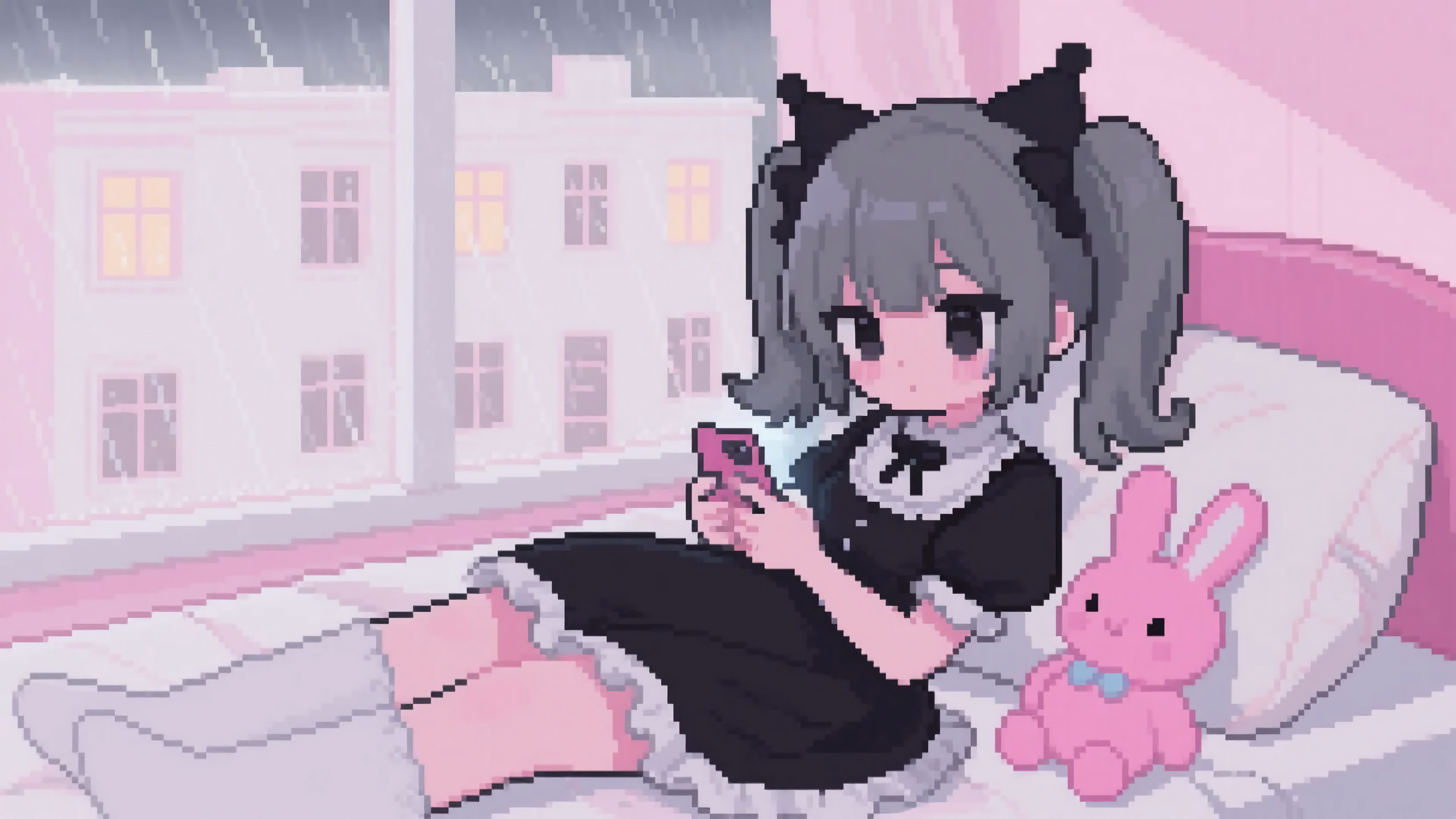 像素风玩手机的少女