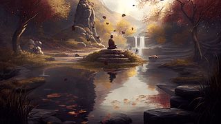 男子独坐岩石观瀑/man sits rock front waterfall