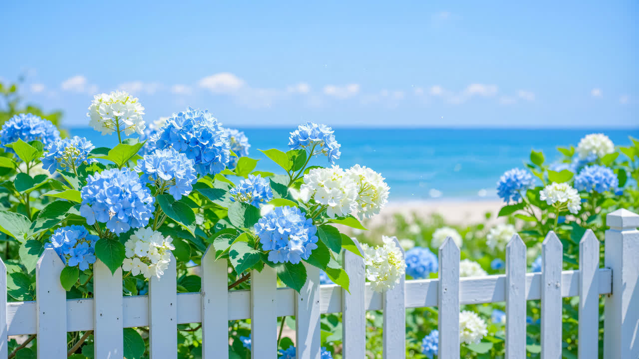护眼海边风景绣球花