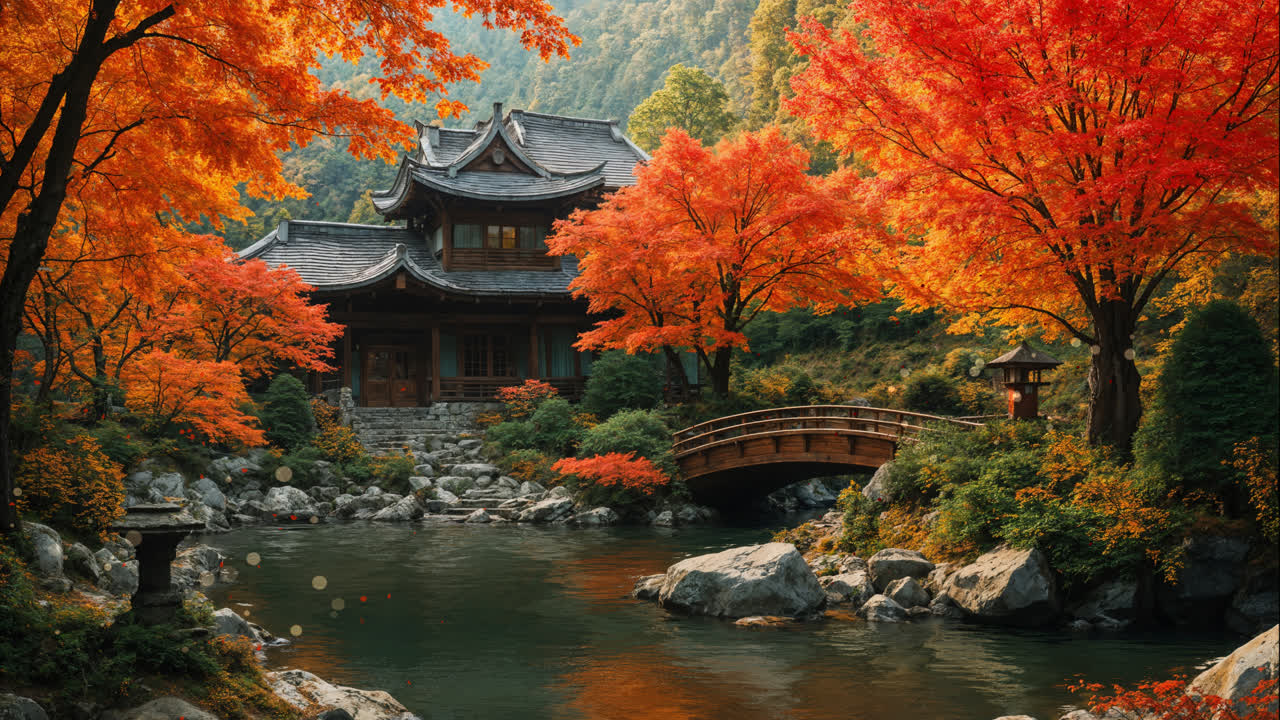 秋日湖畔的日本寺庙