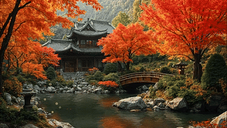 秋日湖畔的日本寺庙