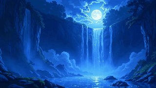 魔幻瀑布伴月色