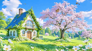 护眼蓝天下绿色小屋