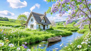 护眼蓝天溪边小屋