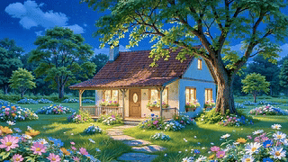护眼乡村夜景小屋