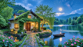 唯美月下湖畔小屋