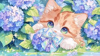 绣球花丛萌宠小猫