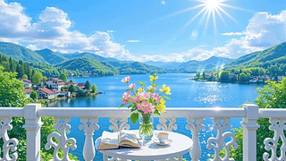 护眼远眺湖泊风景
