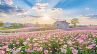 夕阳花野小屋