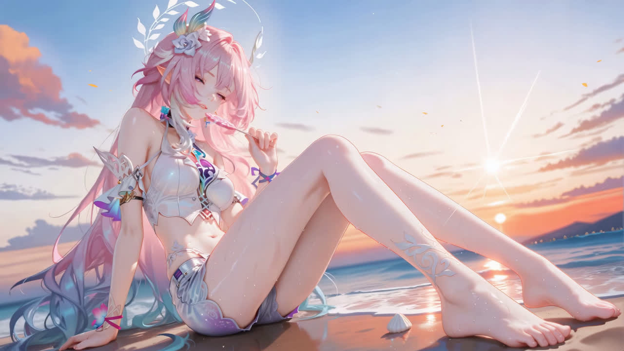 落日海边长腿粉毛女孩昔涟