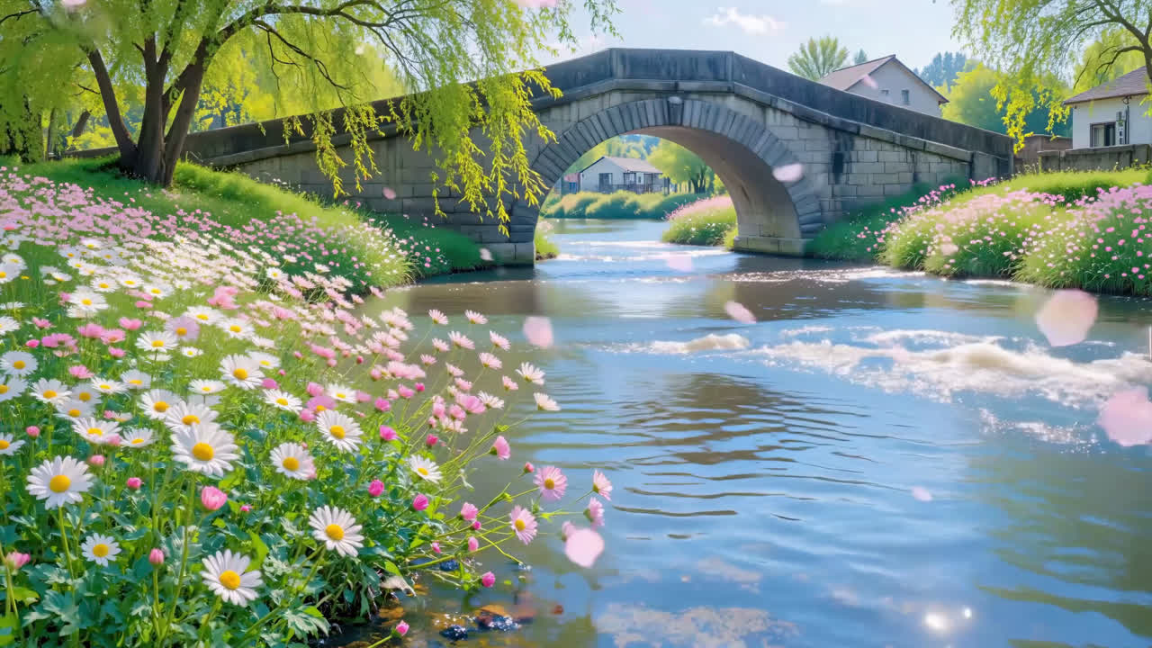 石桥畔花溪
