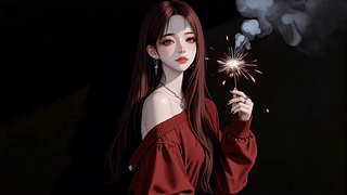 红衣烟火长发女孩