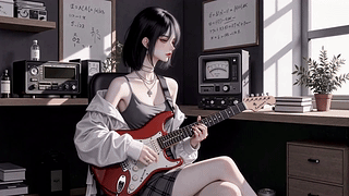 暗调短发吉他少女